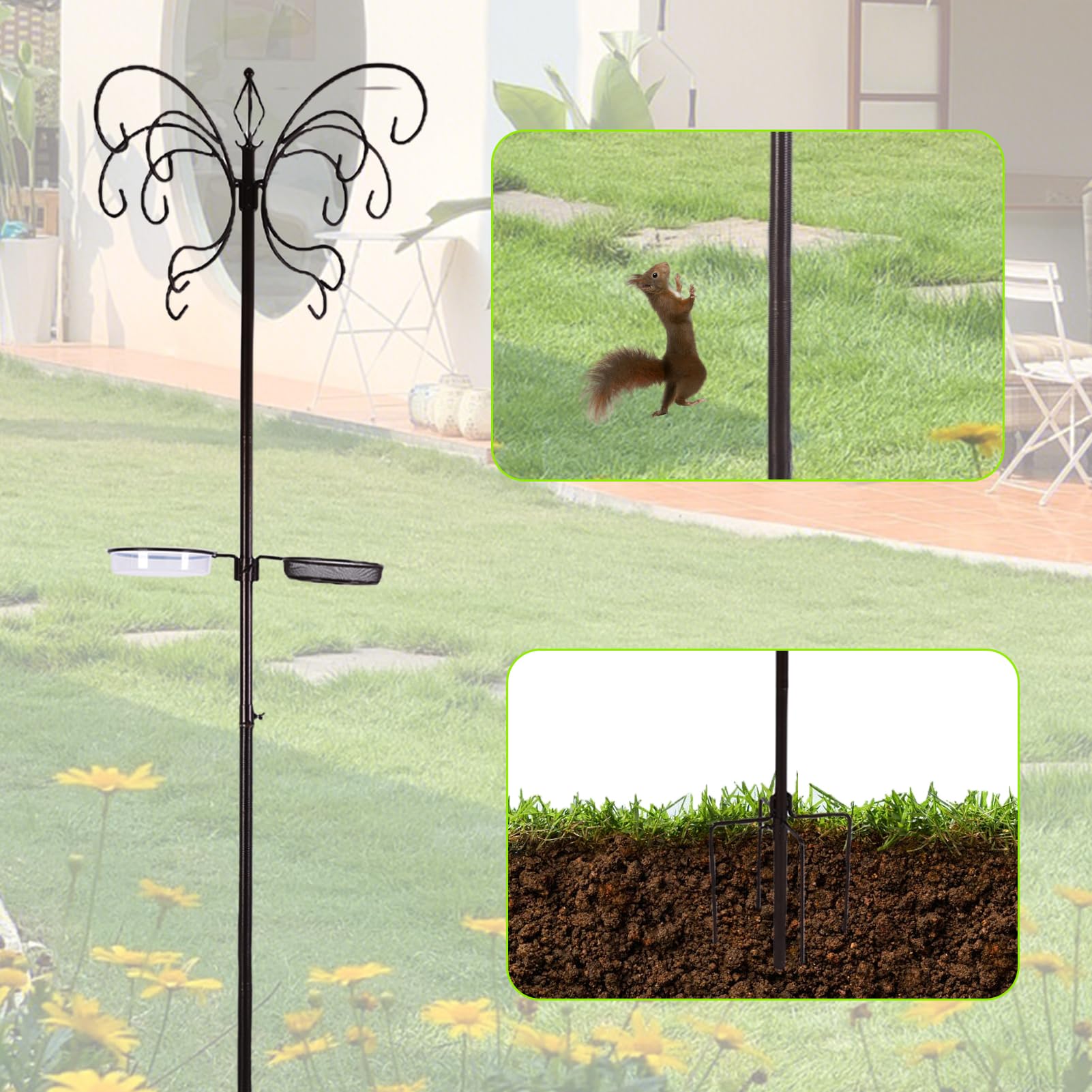 Robuste Vogelfutterstation Mit 5 Zinken & Eichhörnchensicher – 233,7 Cm Hoch, Schwarz, Inkl. Vogeltränke & 4 Haken