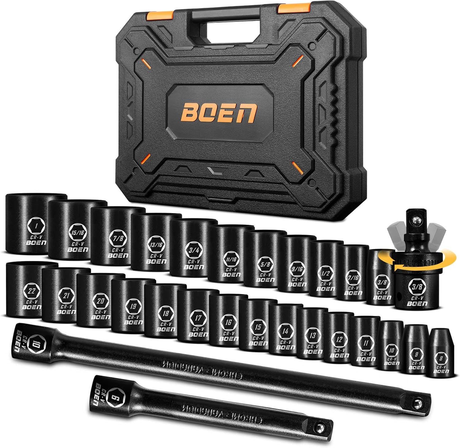 BOEN 3/8" Drive Impact Socket Set, 29 Piece Shallow Socket Set SAE 3/8" to 1" | Metric 8 to 22mm, Includes 6", 10" Extension Bars, Universal Joint, 6 Point Design, Cr-V Steel, Meets ANSI Standards