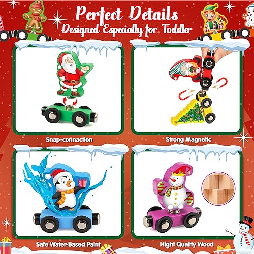 Miniatura 6 de Vanmor Juego de tren de Navidad para niños pequeños, juguetes de tren a presión para pistas de madera, trenes magnéticos para vacaciones, juguetes