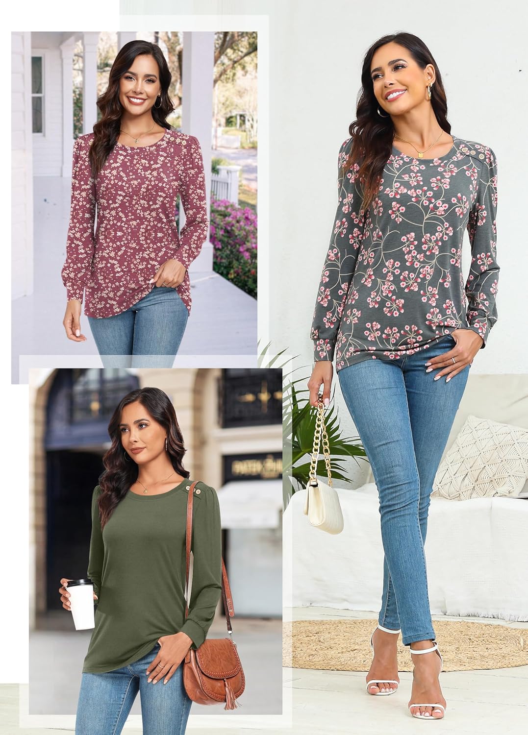 CATHY Womens Tops Puff Long Sleeve Shirts Fall Fashion Crewneck Buttons Tunic Blouses Business Casual Outfits - Image 5