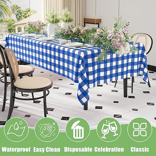 Miniatura 7 de Smiry Paquete de 10 manteles desechables a cuadros, mantel de plástico impermeable de 54 x 108 pulgadas, manteles rectangulares a cuadros azules y