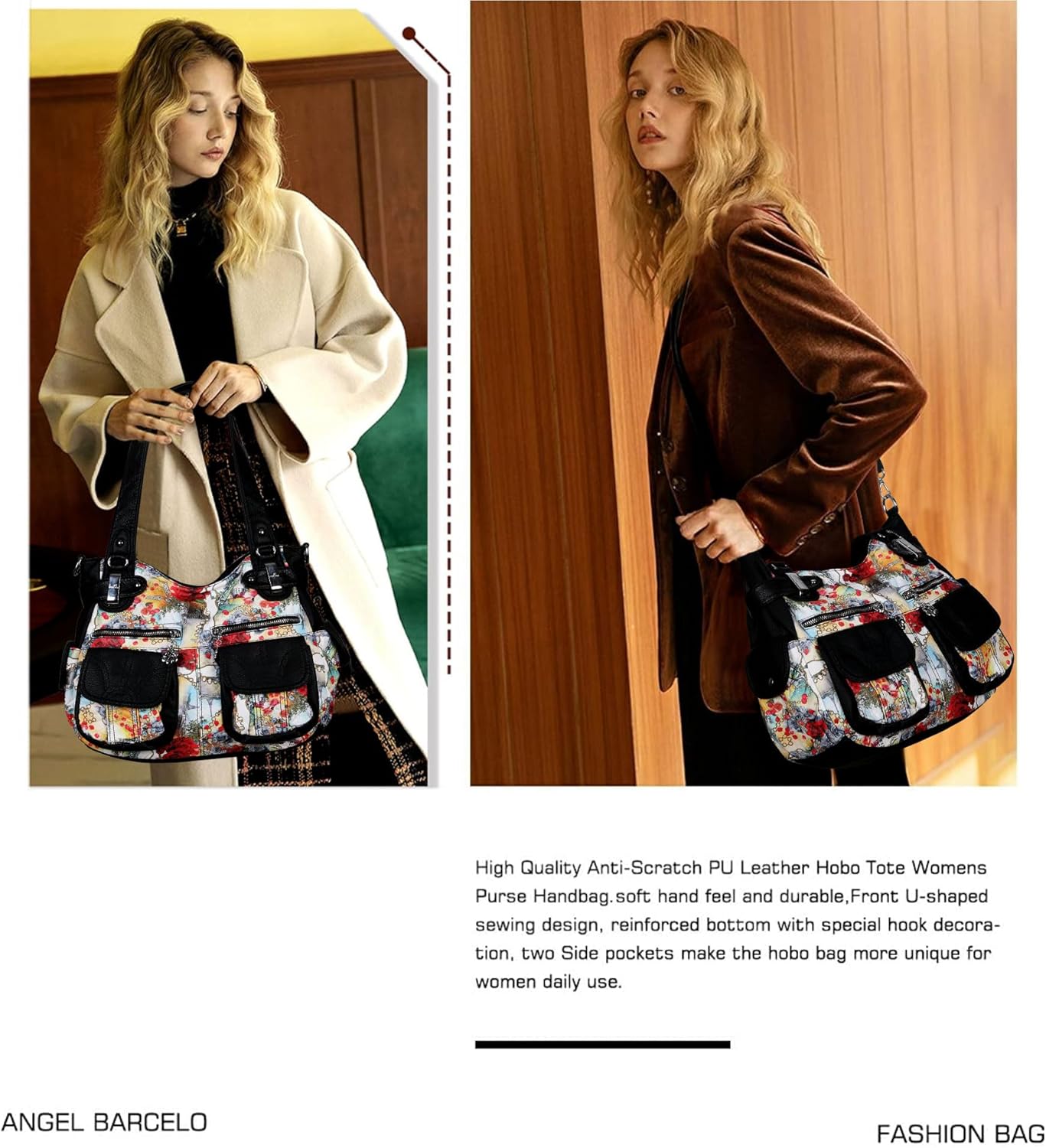 Angel Kiss Women's Designer Handbag Large Double Zipper Multi Pocket Washed Leather Purse - Image 2