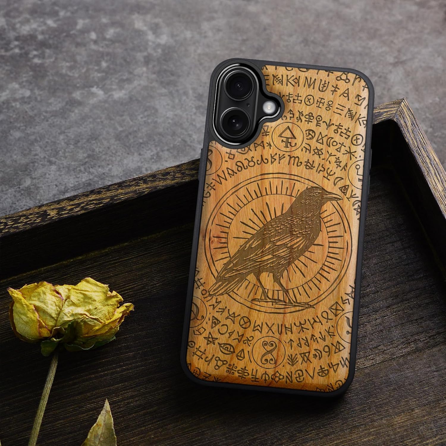 Carveit Magnetic Wooden Case for iPhone 16 Case, Wood Artisan Engraved & Black Soft TPU Shockproof Cover, Compatible with MagSafe Wireless Chargers (The Haloed Crow) Cherry