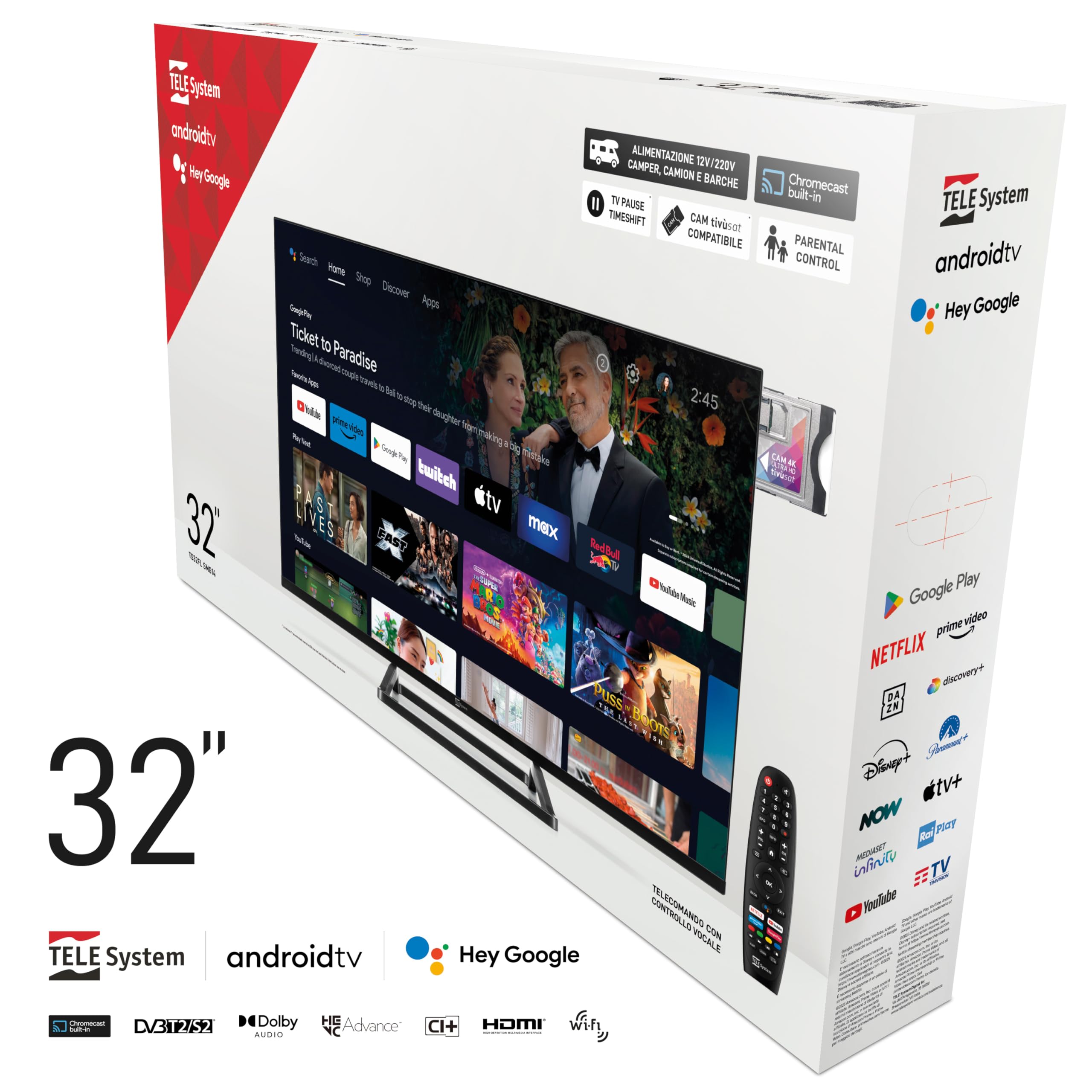 TELE System Smart TV 32 Pouces TS32FL SMG14 Android TV, DVB-T2/S2, Google Cast/Chromecast, Google Assistant, tivùsat HD, HbbTV, TV Pause, télécommande vocale, 12V/220V.