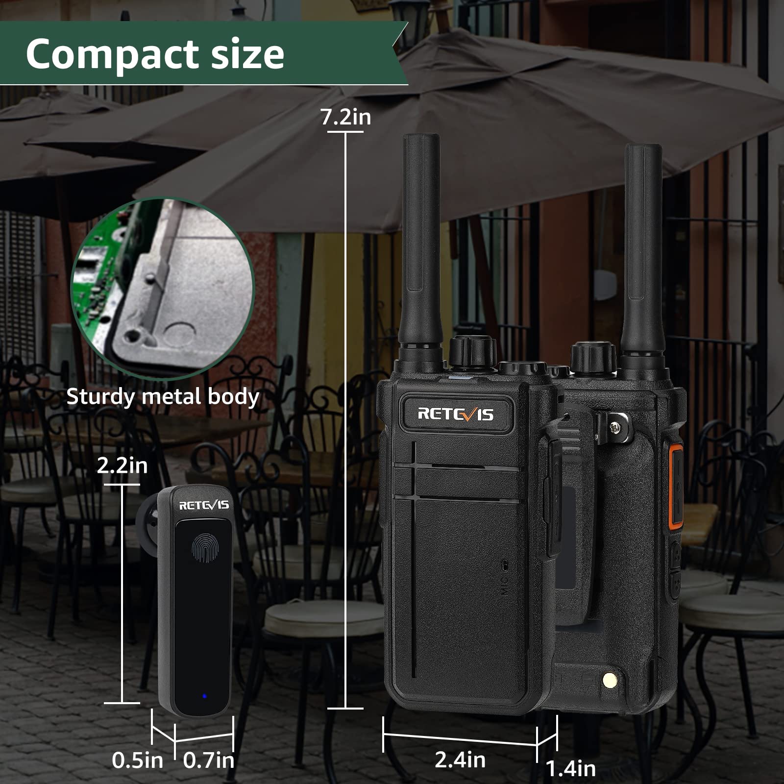 Retevis RB637 Walkie Talkie, Ricaricabile Ricetrasmittenti con Auricolare | VOX, Tipo-C, 2000mAh, 16 Canali, PMR446 Radio Bluetooth Portatile per Ristorante (Nero, 2 Pezzi)