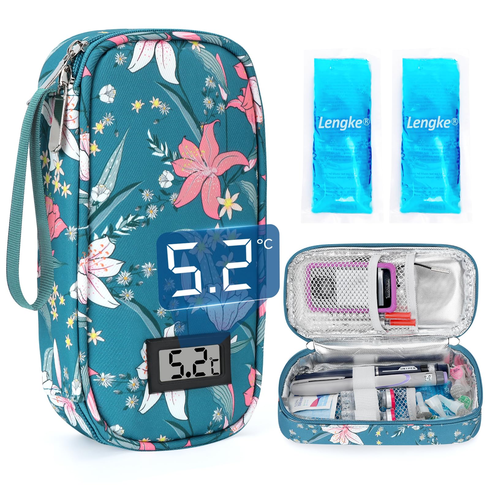 YOUSHARES Trousse Isotherme Insuline - Sac Isotherme Medicament Voyage pour Diabetique Affichage de la Température, Pochette Isotherme Insuline Injection avec Poche Glacière pour Stylo, Lys