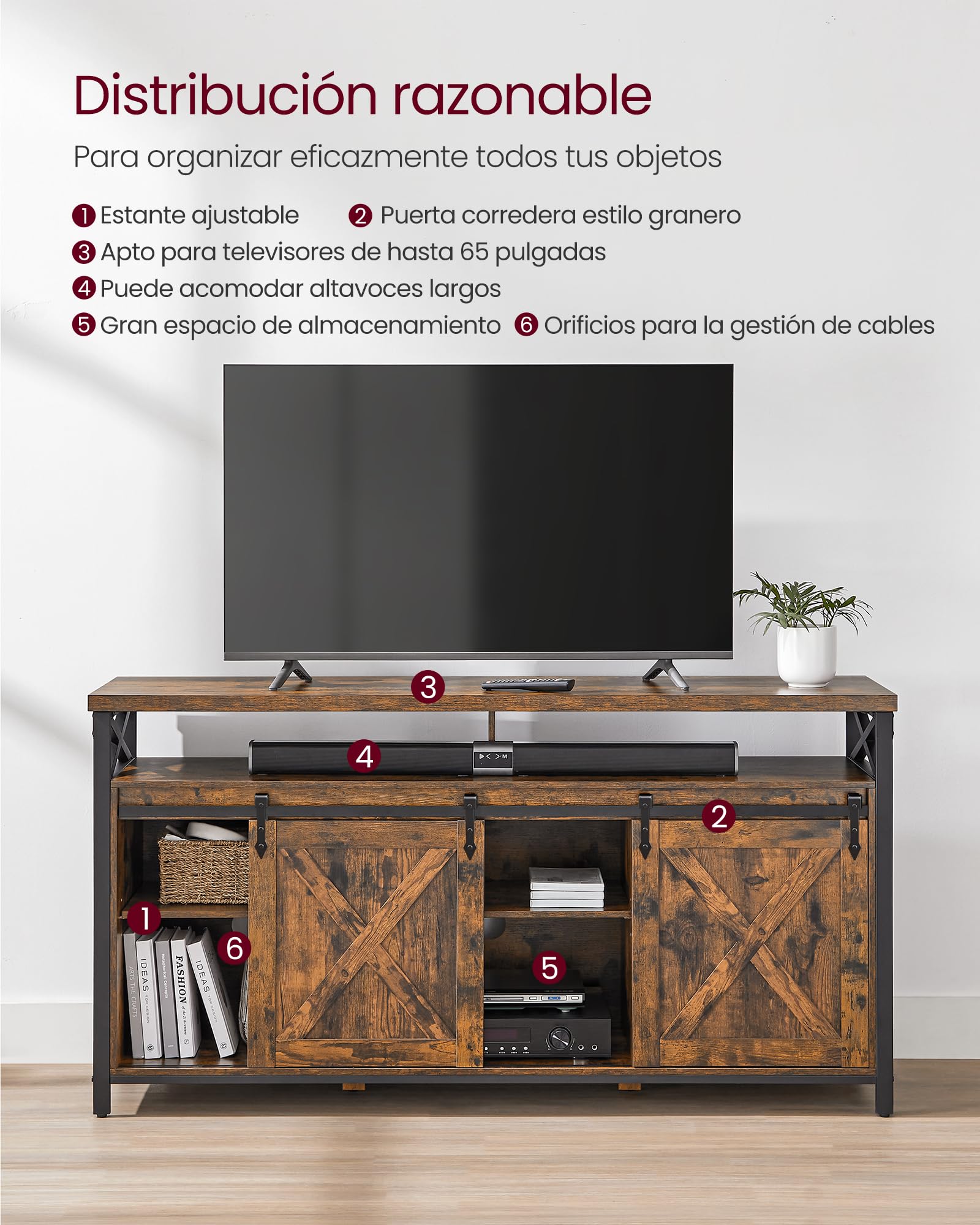 VASAGLE Mueble para TV, Soporte para TV de 65 Pulgadas, con Estantes Ajustables, Puertas de Granero, Diseño de Granja, Marco de Metal, Marrón Rústico y Negro LTV071B01V1
