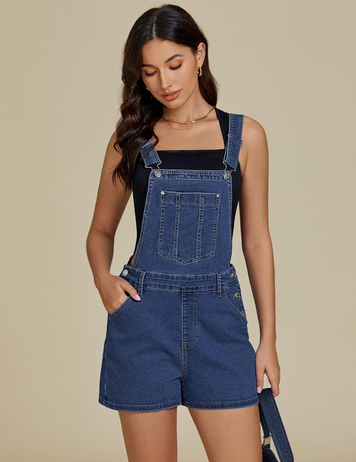 luvamia Jean Short Overalls for Women Baggy Adjustable Straps Bib Stretchy Denim Overall Jumpsuits Shortalls with Pockets - Image 7