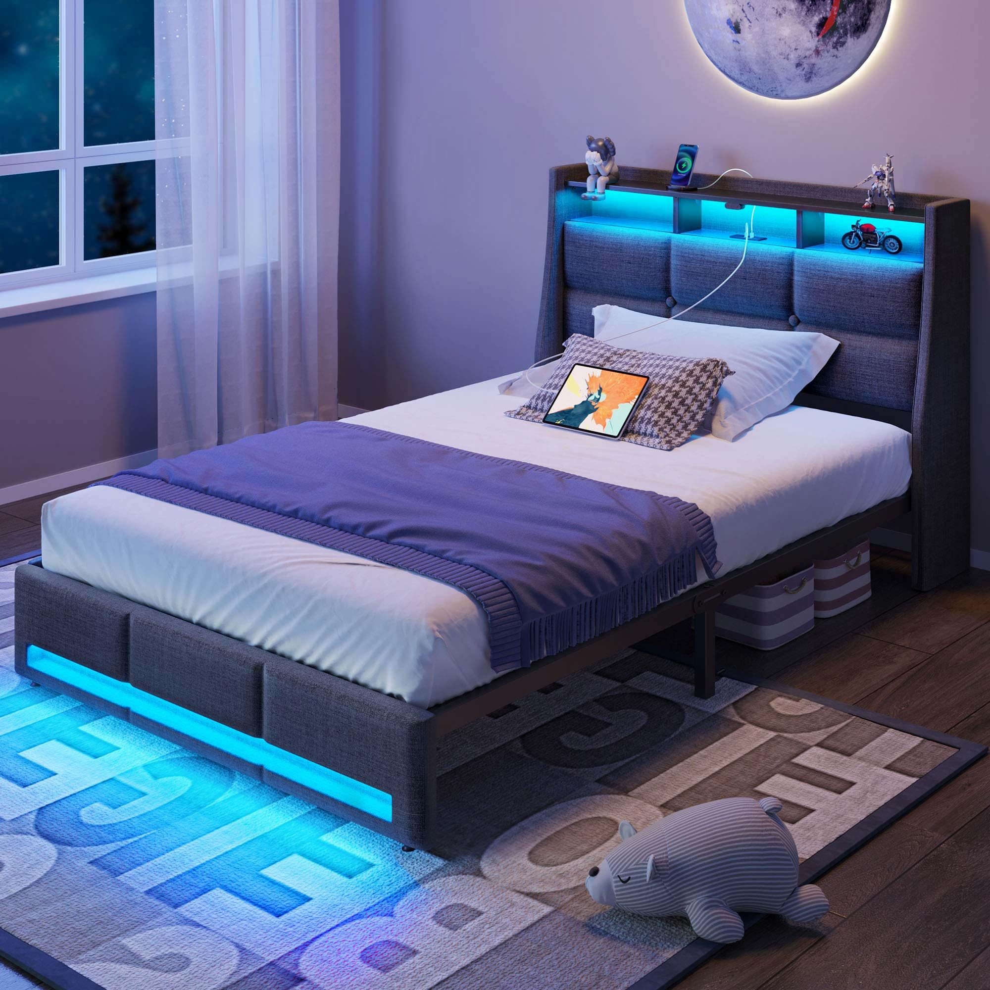 rolanstar twin size bed frame with led lights and charging station, upholstered headboard with 2-tier storage shelves, heavy duty metal frame, noise-free support, easy assembly, no box spring needed