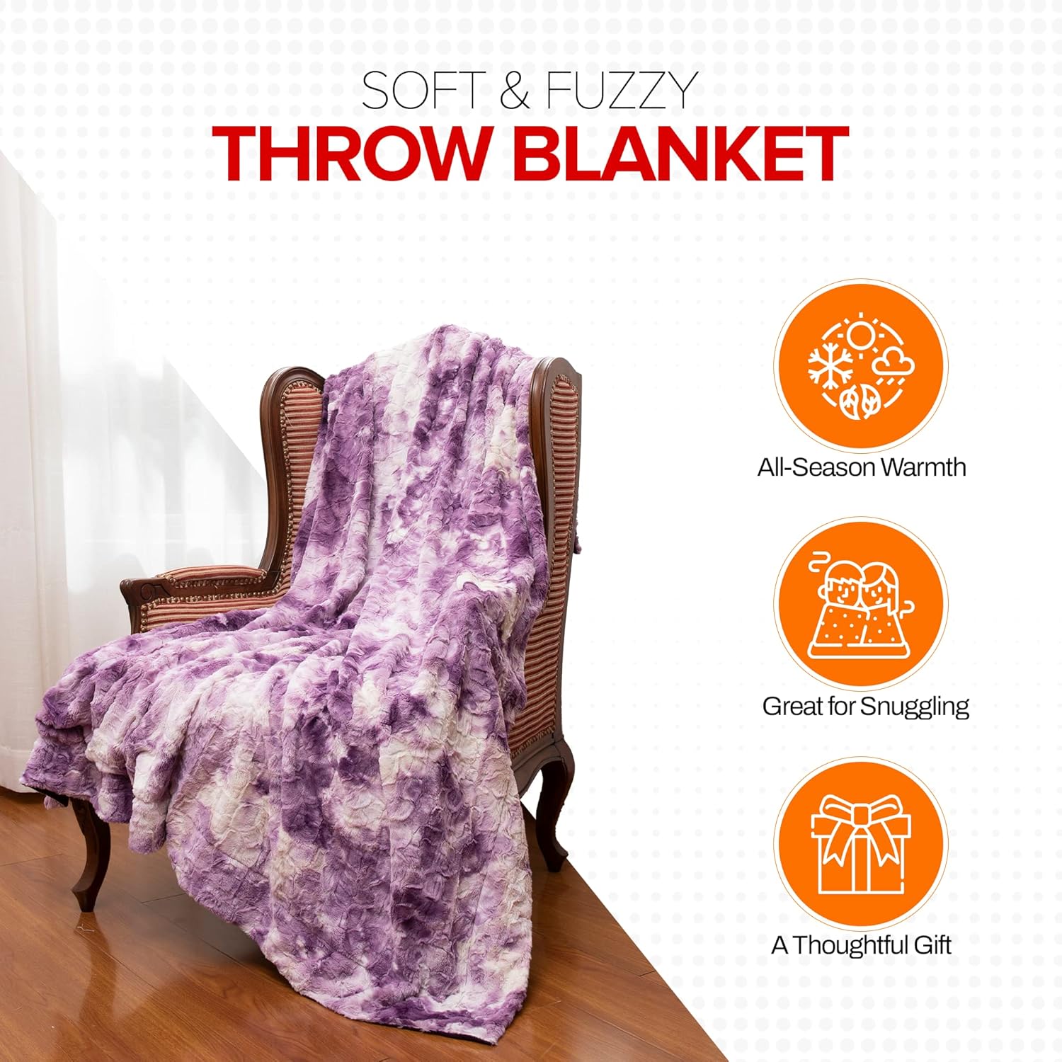 Cheer Collection Faux Fur Throw Blanket for Couch, Beds, Bedroom and Living Room - Ultra Soft and Cozy, Elegant Home Decor, Stylish Accent Blanket - 50" x 60", Purple & White