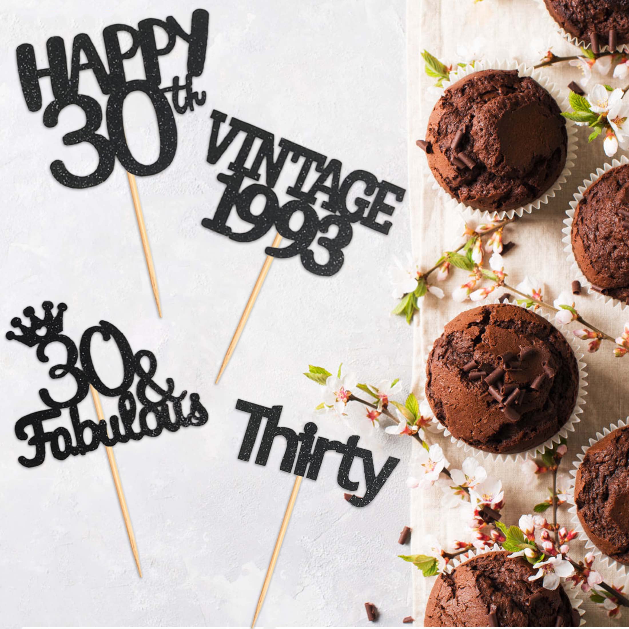 24 Stück Cupcake Topper 30. Geburtstag, Glitzer-Deko, Für Kuchen & Muffins, Schwarz