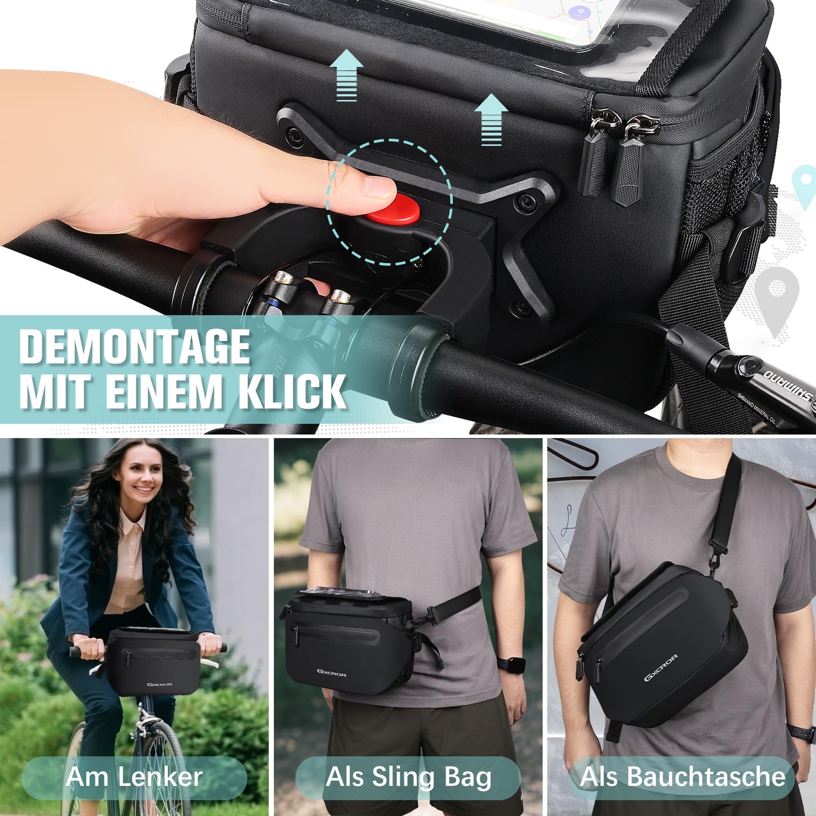 GXCROR Sacoche de guidon de vélo 4,7 l avec ouverture rapide | Support stable pour la ville et le trekking | Imperméable + compartiment pour téléphone portable + porte-gobelet