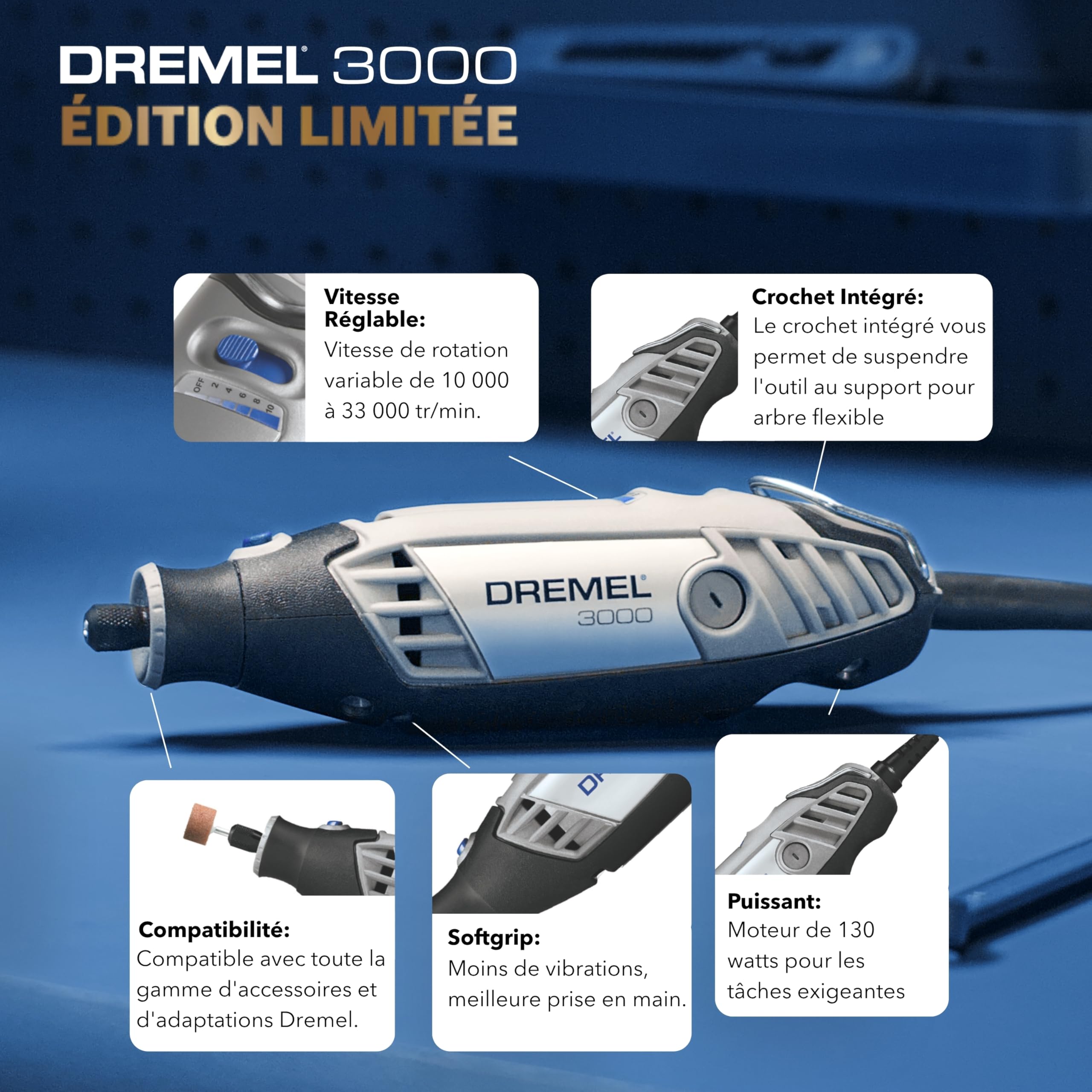 Dremel 3000 Champion Outil Rotatif Moteur 130W, 33 000 Tr/Min avec 25 Accessoires, Trophée Gravable, Sac De Rangement, Arbre Flexible Pour Découpe, Sculpture, Ponçage, Perçage – Édition Limitée
