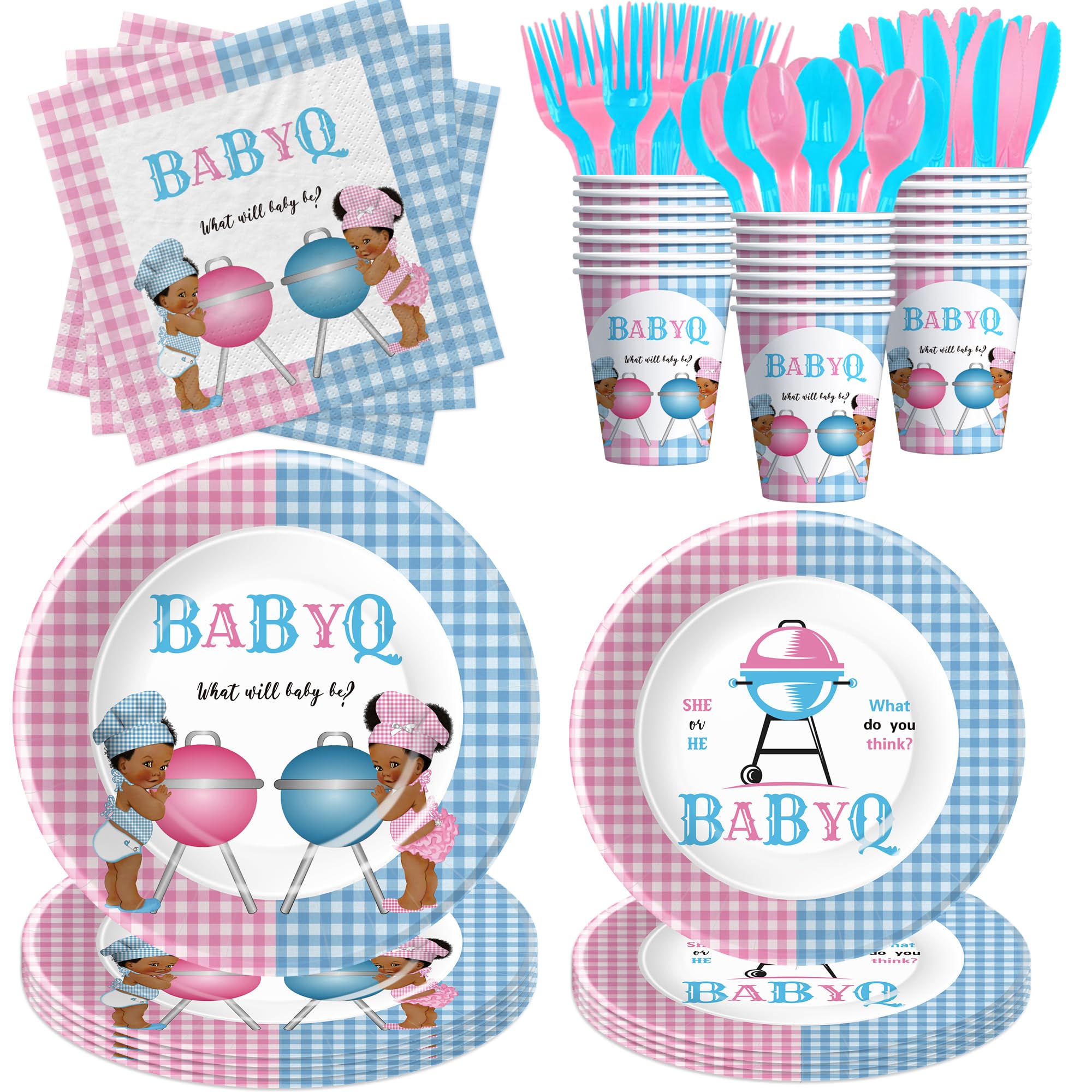 Suhelkit Baby Q Gender Reveal Decorations Party Supplies, BBQ Pink Blue Gingham Theme He Or She Gender Reveal Table Decorations Tableware, Paper Plate