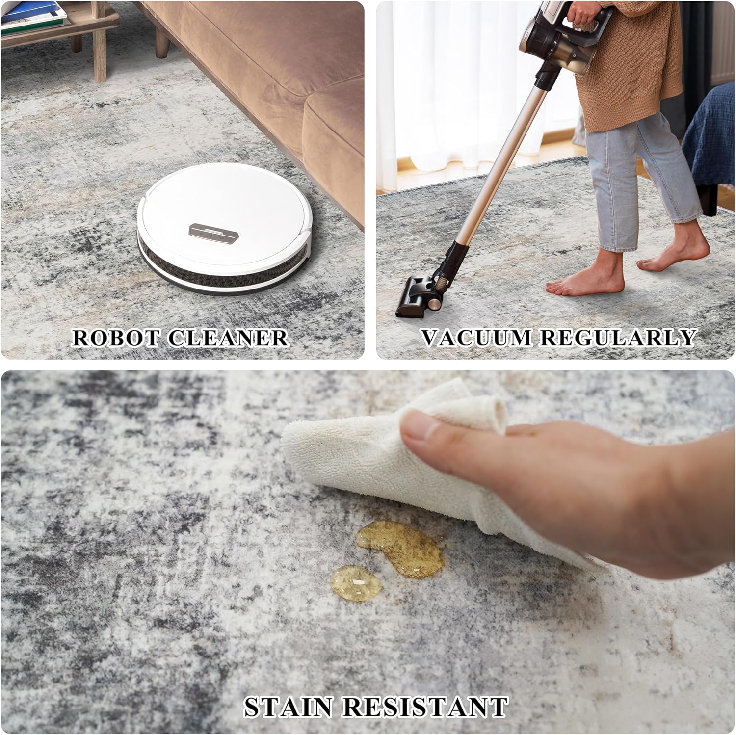 7x7 Area Rug Square Living Room: Abstract Washable Rugs for Bedroom - Ultra Thin Low Pile Stain Resistant Indoor Floor Carpet - Home Essential for The Elderly Dog Cat Family - 7' Square Bluegrey