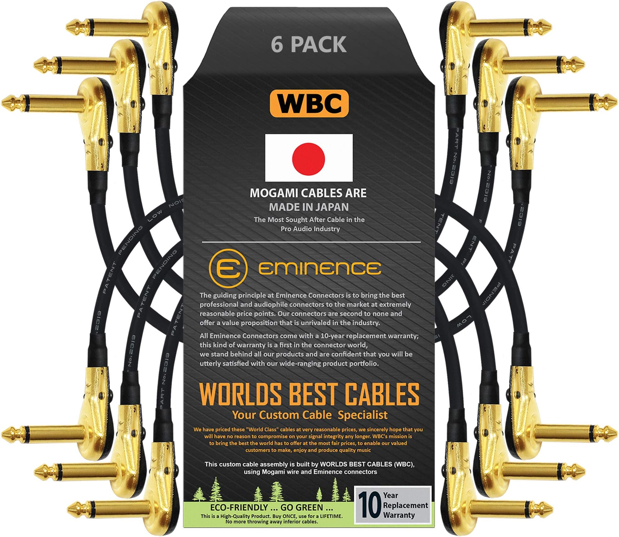 WORLDS BEST CABLES 6 Units - 12 Inch - Pedal, Effects, Patch, Instrument Cable Custom Made Made Using Mogami 2319 Wire and Eminence Gold Plated ¼ inch (6.35mm) R/A Pancake Type Connectors