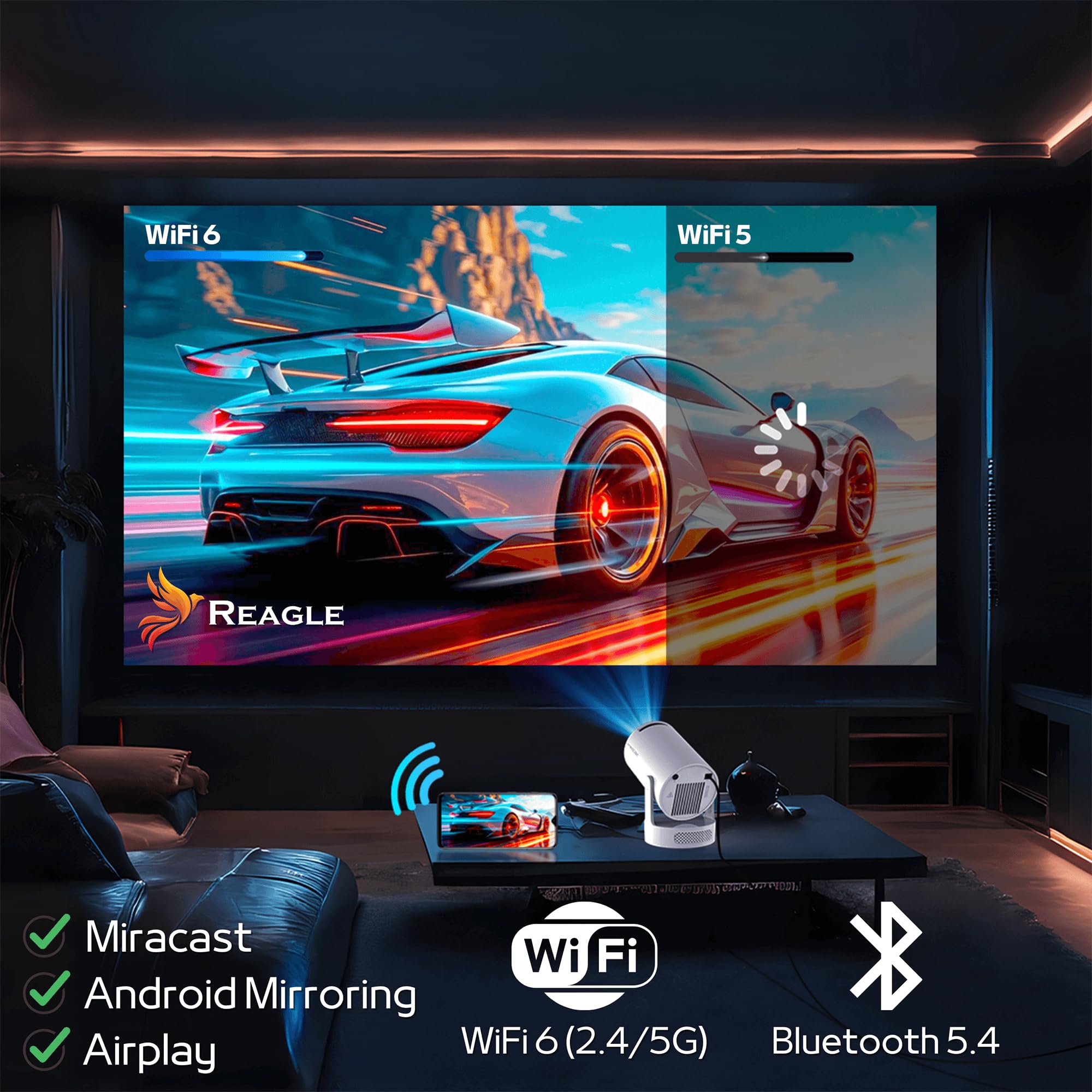REAGLE R-Movielum-P10 Mini videoproiettore intelligente con Android 14, con supporto girevole a 180°, supporto Full HD e 4K 2GB+16GB 130", 260 ANSI, telecomando Home Theatre ± 40°