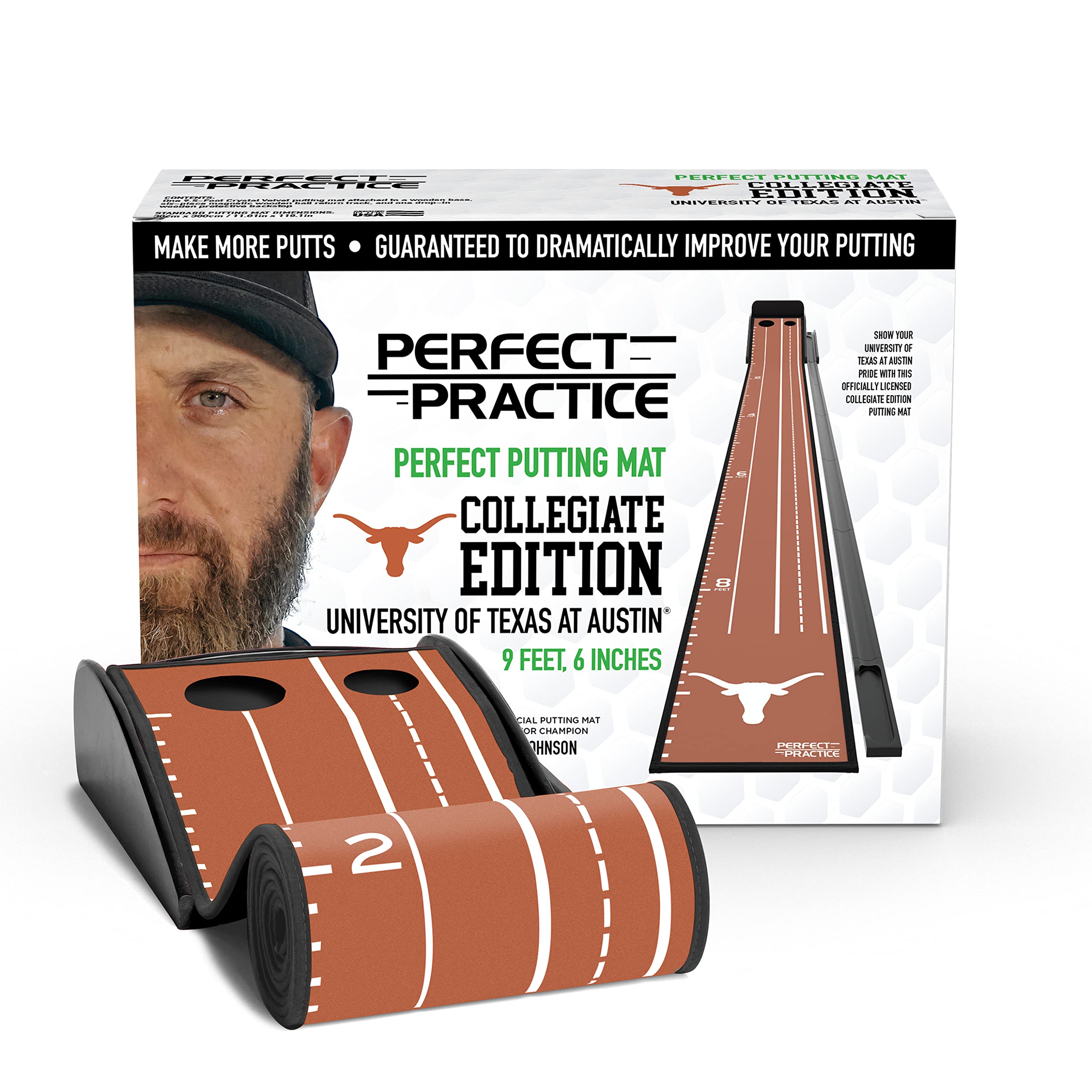 PERFECT PRACTICEPutting Mat Collegiate Edition - Univ. of Texas - Indoor Golf Putting Green with 2 Holes for Practicing at Home or in The Office - Gifts for Golfers - Golf Accessories