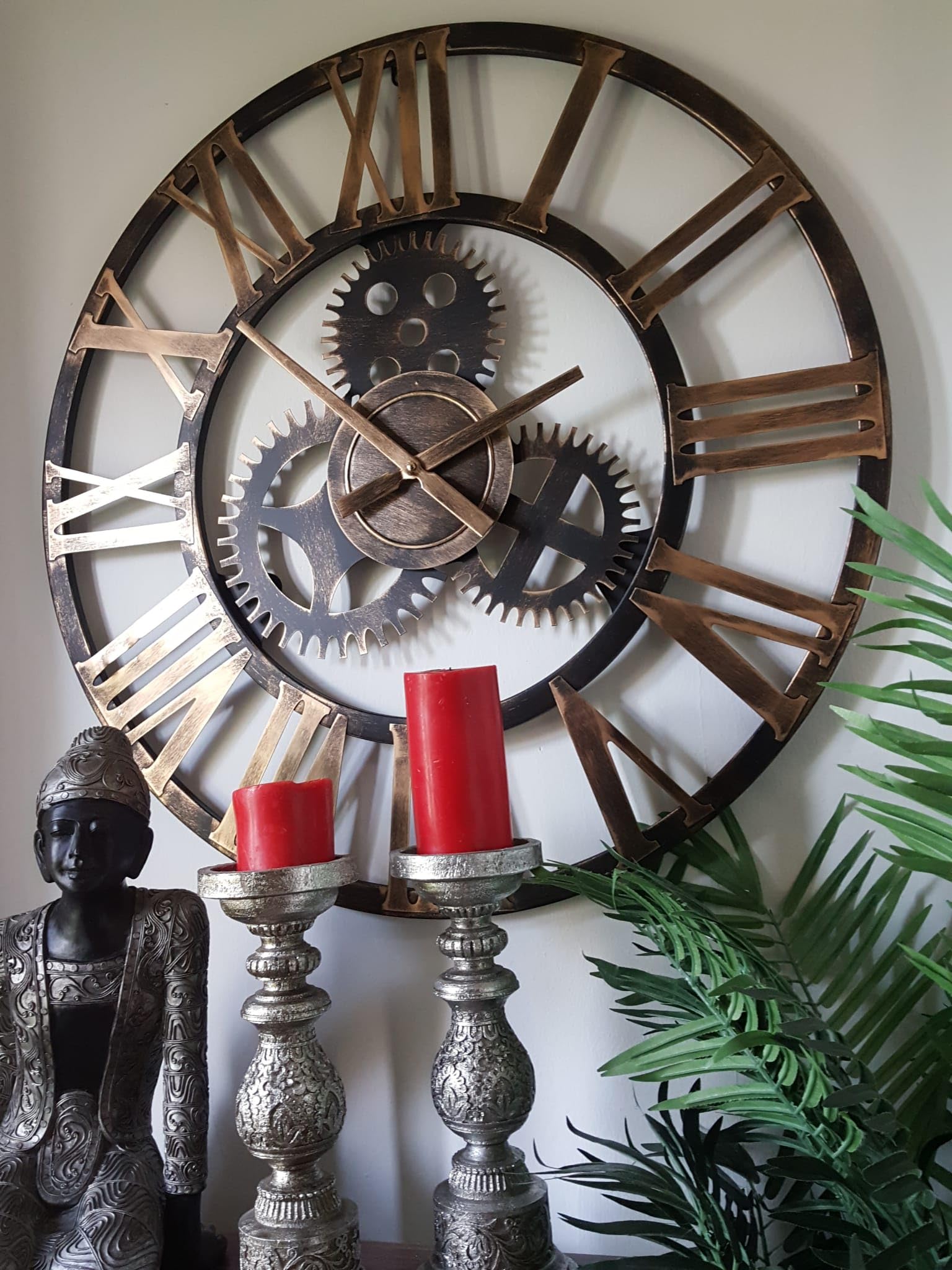 Rustic Gold 76Cm - 100% Metal Large Skeleton Gear Wall Clock - Colour - Industrial Mechanical Look - Metal Wall Clock - Roman Numerals - Wall Art - Silent Clock
