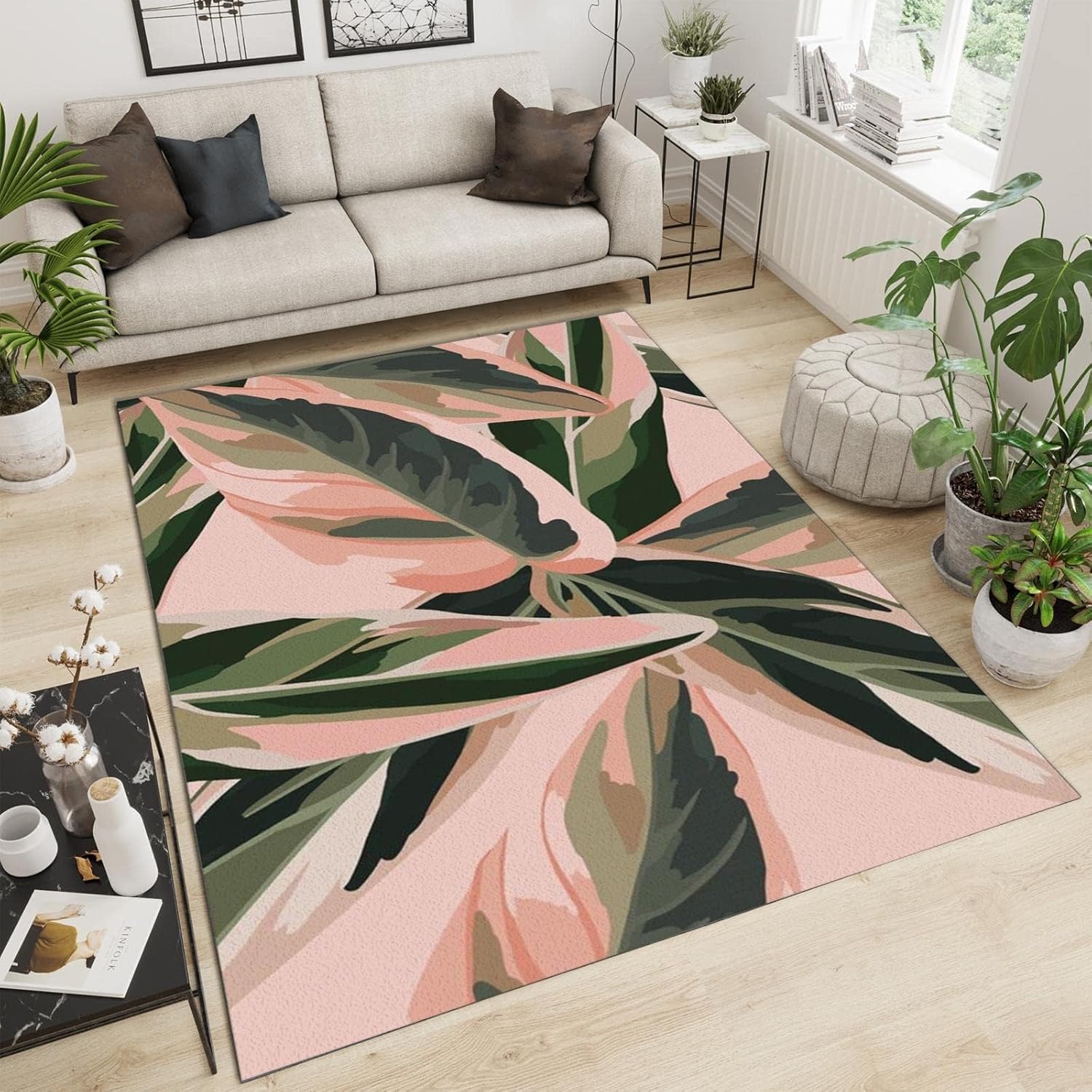 Abstract Pink Green Tropical Plant Area Rugs, Luxury Nordic Banana Leaf Indoor Carpet, Decorative Carpet Non-Slip Large Area Easy to Clean, Suitable for Kids Boys Girls Living Room 2ftx3ft