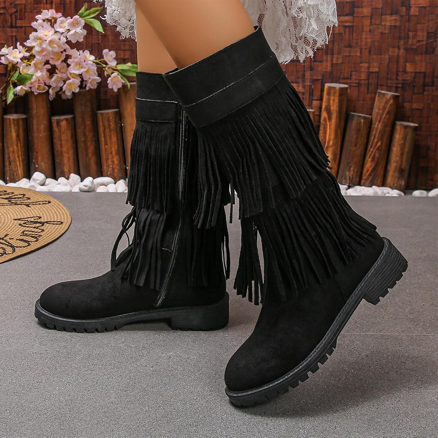 Knee High Boots for Women:Fashion Tassel Fall Winter Warm Wide Calf Booties Round Toe Flat Hiking Outdoor Workout Footwear Snow Shoes