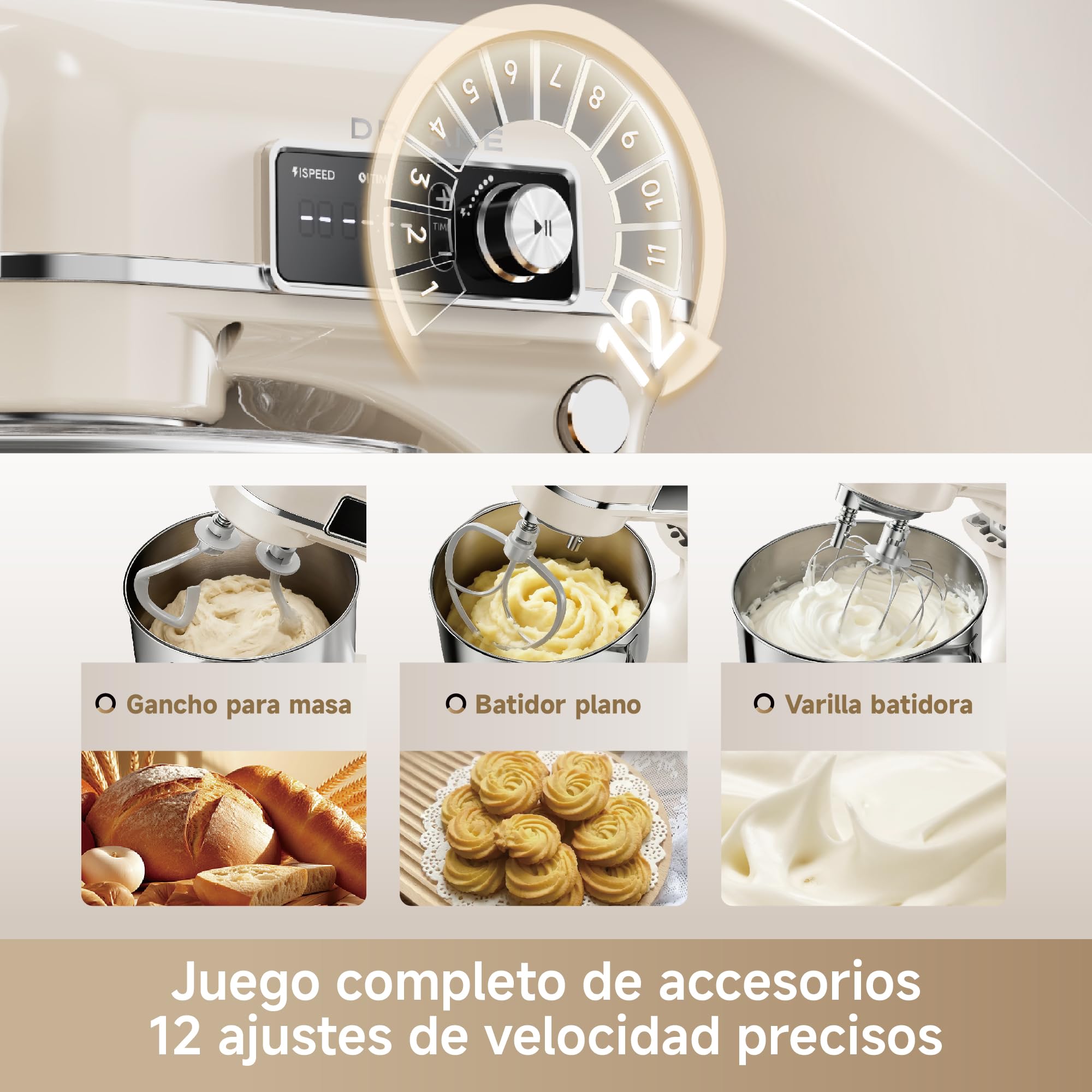 DREAME BioKnead, Robot Amasador, 12 Ajustes Precisos de Velocidad | Brazo Biónico Con Doble Gancho Patentado, Motor CC 800 W, 6 L, Cuerpo 100% Metálico, Pantalla Digital, Prácticos Accesorios