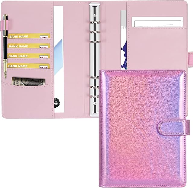 Toplive A5 PU Leather Notebook Binder Cover, Rainbow 6 Ring A5 Binder for A5 Filler Paper, Travel Binder Personal Planner Cover with Magnetic Buckle Closure Pink