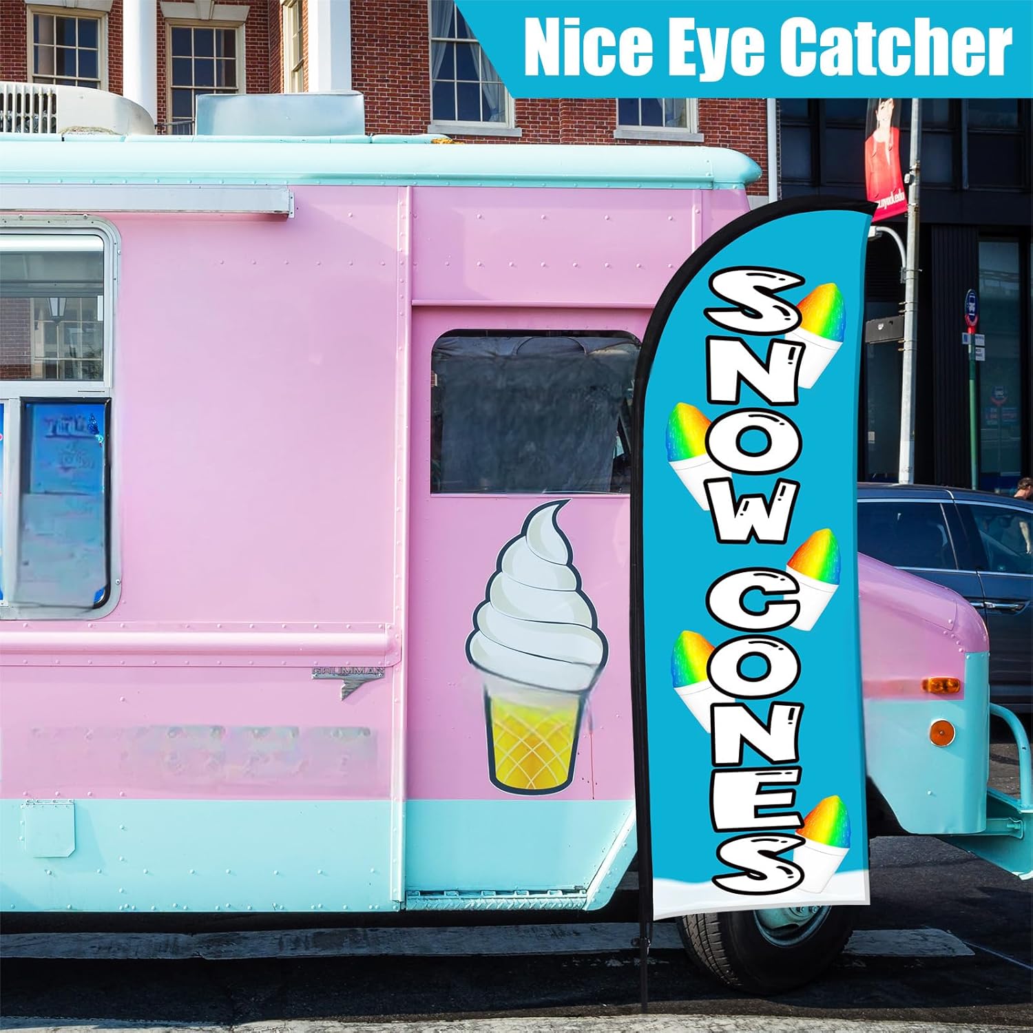 Buryeah Snow Cones Feather Flag for Business Advertising 7 x 5.4 ft Feather Flag Sign with Flagpole Ground Stake Portable Bag Snow Cones Themed Banner with Rope for Outside Garden Park Party(Blue)