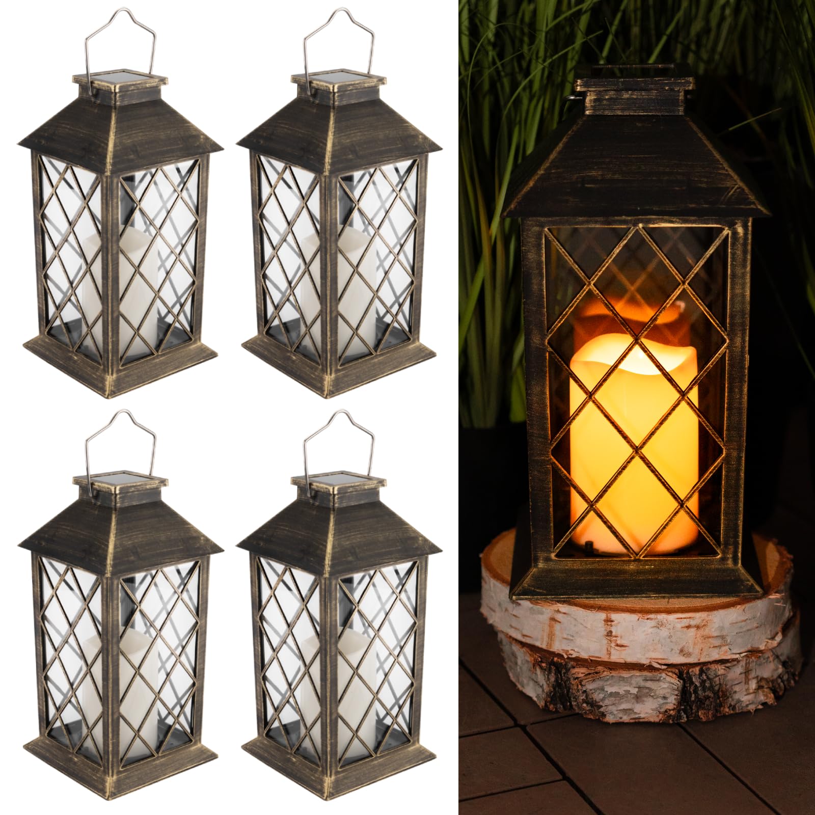LUMILED 4x Set Solarlaterne Außen Solar Laternen Draußen LED Glas Laterne Solarleuchte Kerze Flammeneffekte Kerzenlaterne IP44 Vintage Patina Hängend Dekorative Außenleuchte Gartenlampe