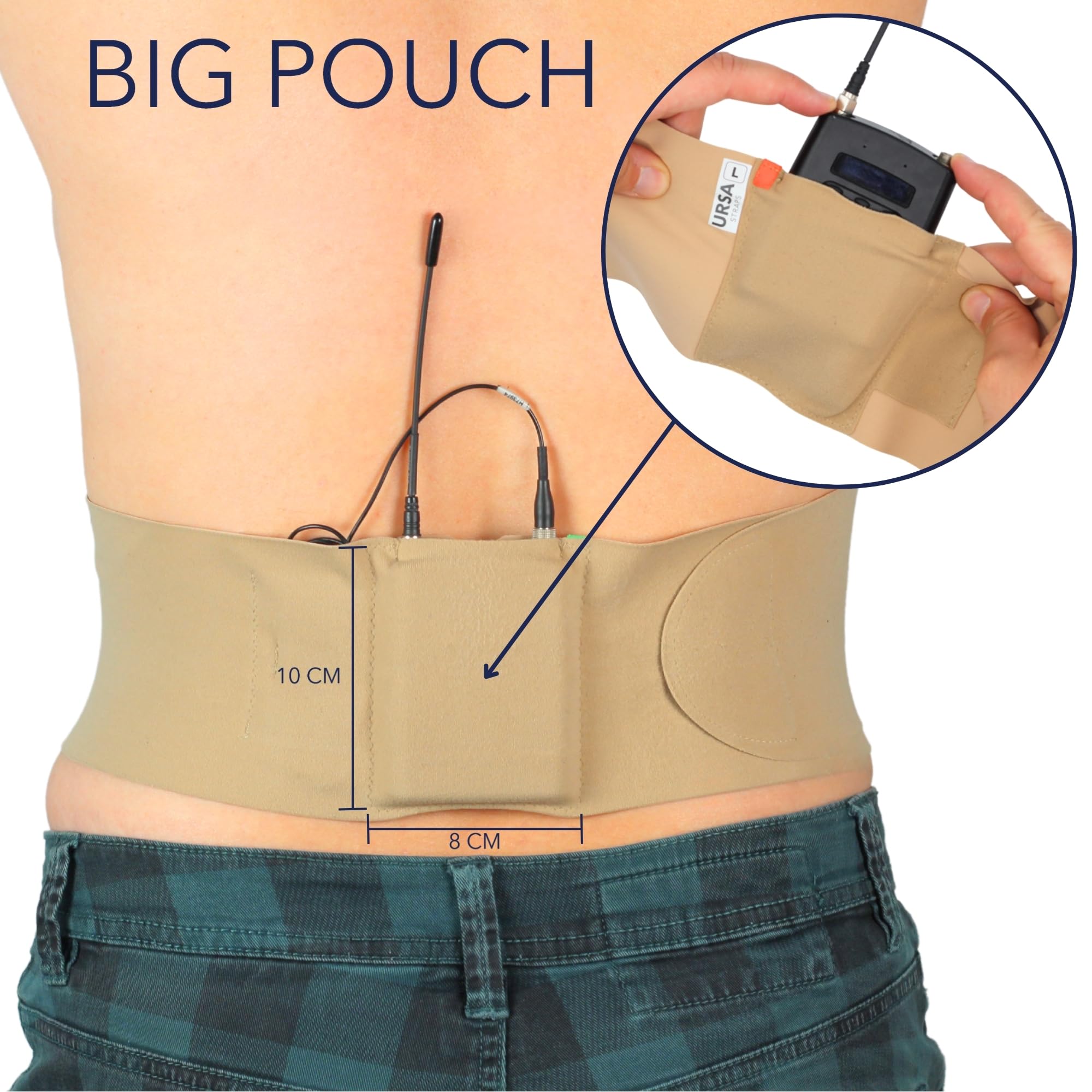 URSA Waist Strap - Sangles d'émetteur de microphone ultra fines, respirantes et extensibles. Compatible avec la plupart des émetteurs/récepteurs (beige, taille moyenne, grande pochette)