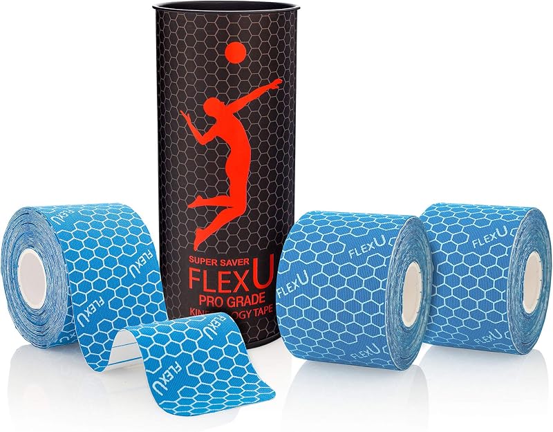 FlexU Kinesiology Tape Tiras precortadas Paquete de 3 rollos – Cinta deportiva deportiva para corredores, crossfit y gimnasio – Alivio del dolor de rodilla, hombros y espalda – Resistente al agua