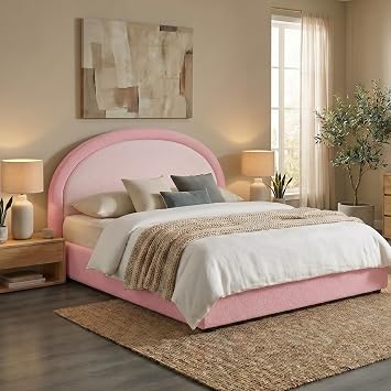 REVOMINCA Full Size Bed Frame, Boucle Upholstered Platform Bed Frame with Headboard, Pink Bed Frame, Soft Rounded Corners, No Box Spring Required, Easy Assembly