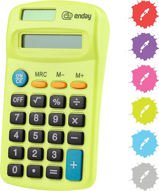 Calculator Green, Basic Small Solar and Battery Operated, Large Display Four Function, Auto Powered Handheld Calculator School and Kids Available in Blue, Red, Purple, Grey, Pink, 1 PK – By Enday