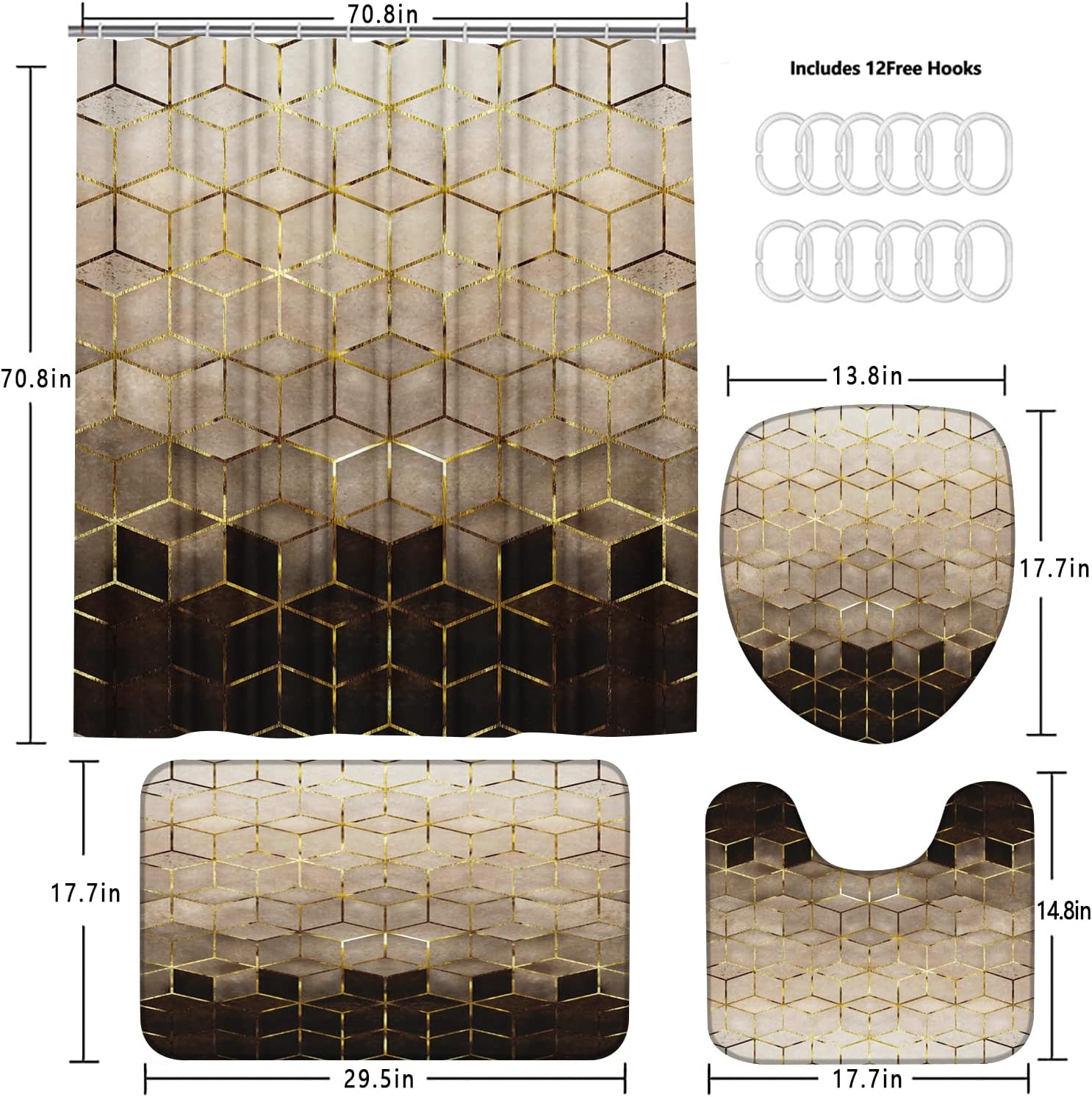 LQCOOL 4Pcs Brown Gradient Shower Curtain Set, Modern Geometric Shower Curtain Set Golden Cubic Lines Bathroom Set Texture Art Bath Accessories with Mats