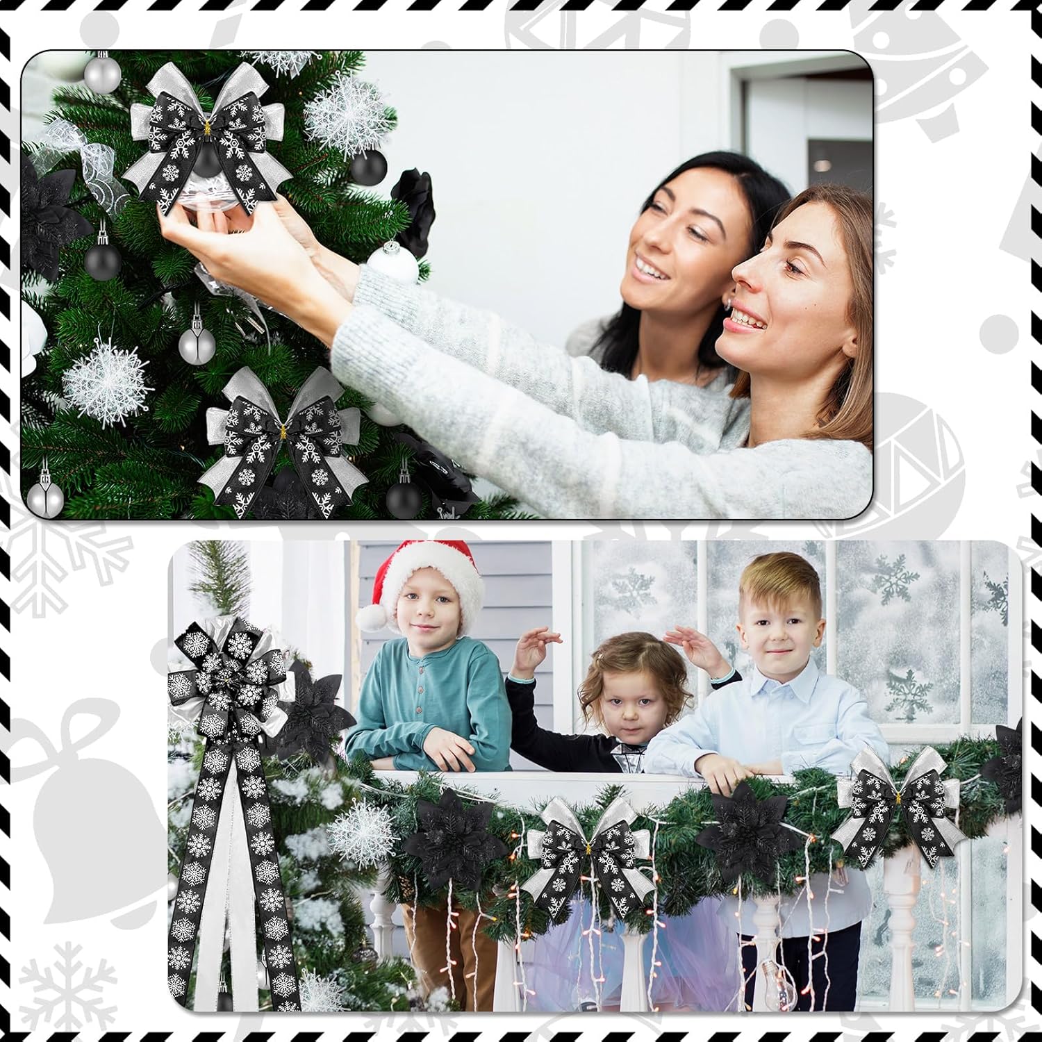 Liliful 63 Pcs Silver Black Christmas Tree Ornaments Decorations Set, Large Bow Christmas Tree Topper Glitter Bow Knots Poinsettia Flowers Metallic Tinsel Garland Balls Ornament White Snowflake Decor