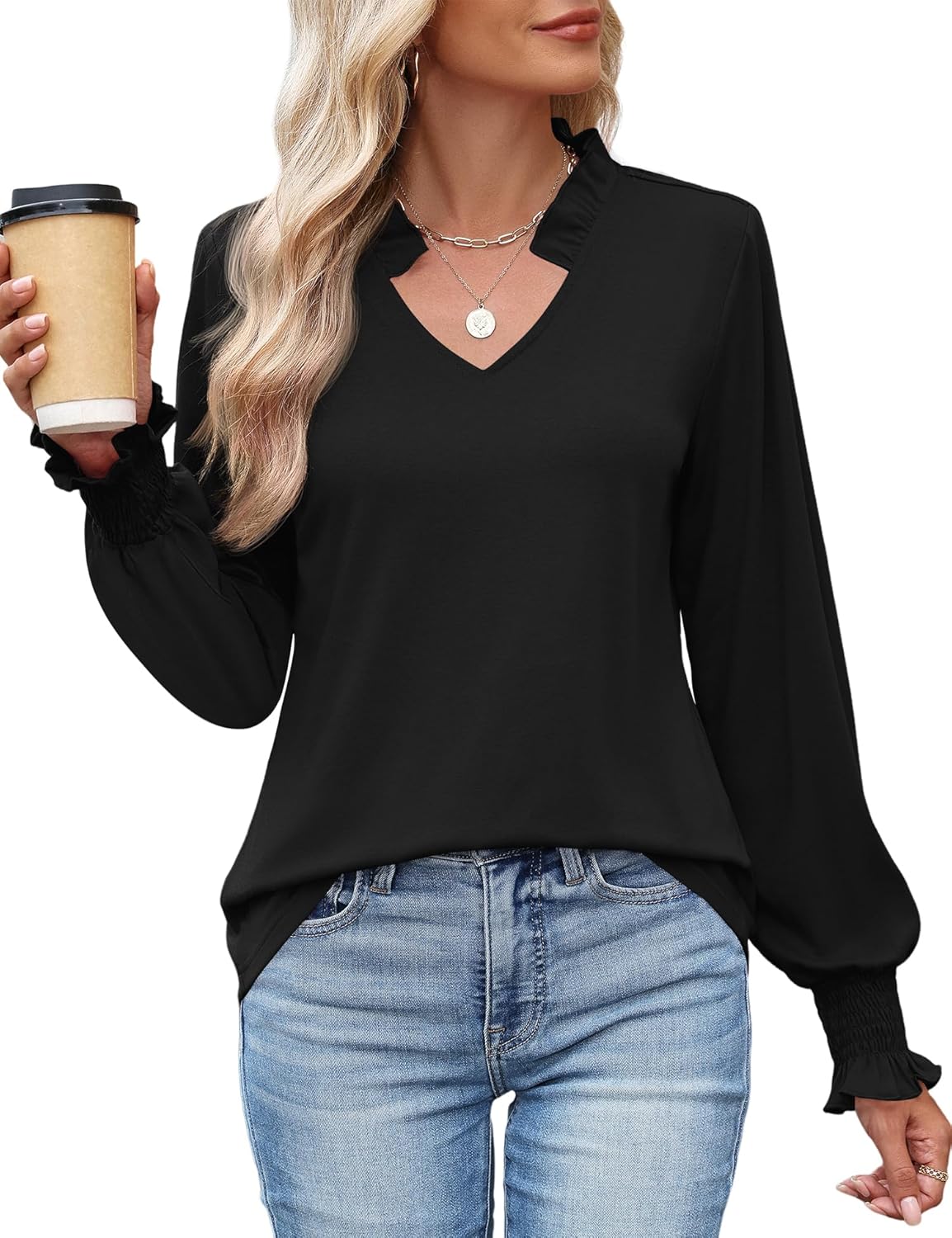 Kistore Long Sleeve Shirts for Women Pleated Cuffs Dressy Business Casual Blouses 2025 Trendy Puff V Neck Tunic Tops - Image 2