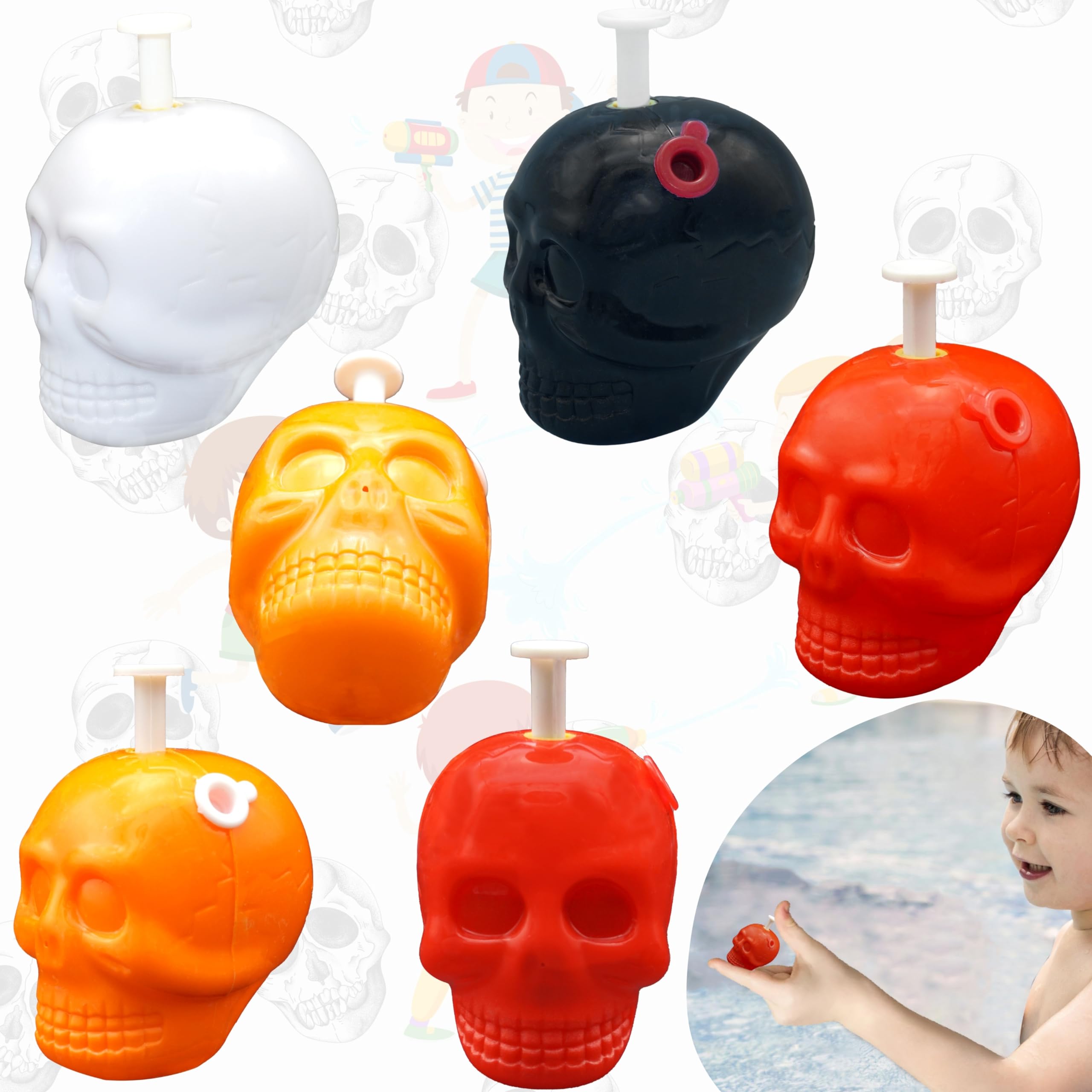 6x Kids Skull Water Squirters | Kids Summer Swimming Pool Toys | Water Splash Fighting Party Favours, Outdoor Games Water Play Toys, Party Bag Fillers Bath Toys for 3+ Years