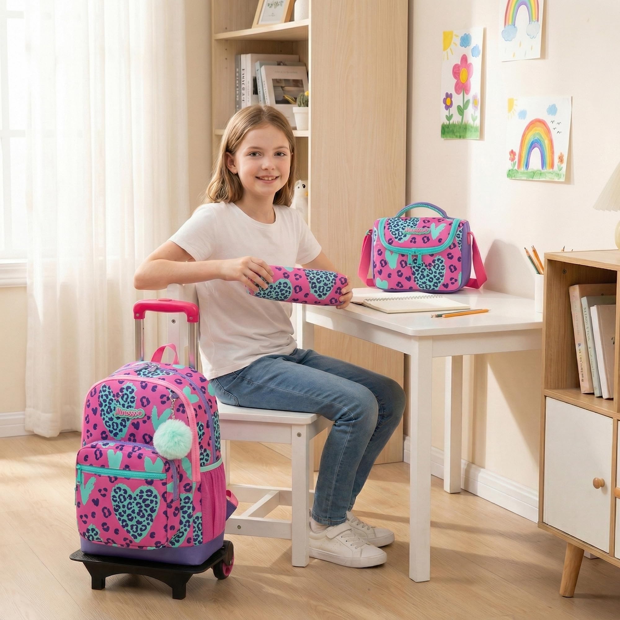 HTgroce Zaino Trolley Scuola Elementare Bambina - Set 3 in 1 con Portamerenda e Astuccio, Zainetto con Ruote Staccabile per Ragazze 8 Anni