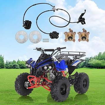 Front Steering 4 Stud Wheel Hub Disc Brake Assembly, 2 Brake Disc Rotor+Brake Caliper+Wheel Rim Hub+Steering Knuckle Spindle, 125cc 150cc 200cc 250cc Quad Dirt Bike ATV Motorcycle