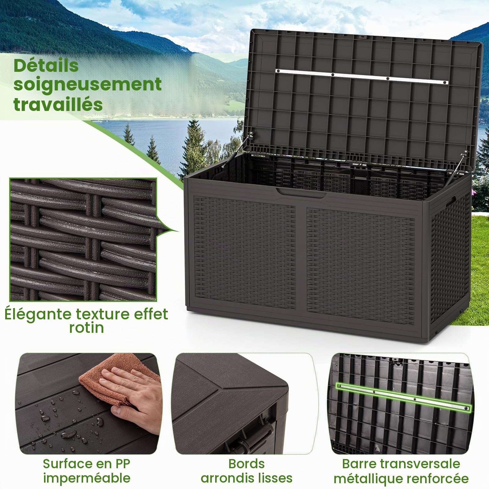 GIANTEX Coffre de Jardin Extérieur 380 L PP, Coffre de Rangement Étanche avec Couvercle, 2 Roulettes, Marron