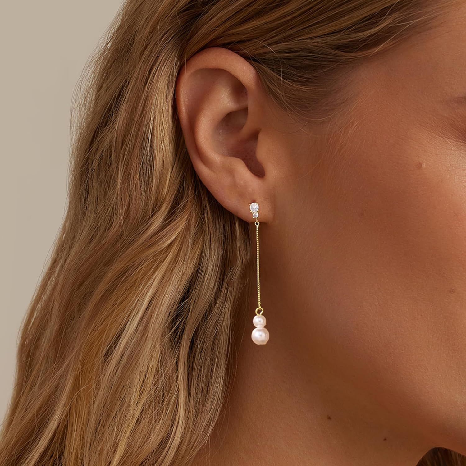 Dangle Earrings For Women,Simple 14k Gold Plated Drop Earrings Hypoallergenic Pearl Chain Earrings Long Dangle Earring For Women Trendy Pearl Jewelry - Image 5