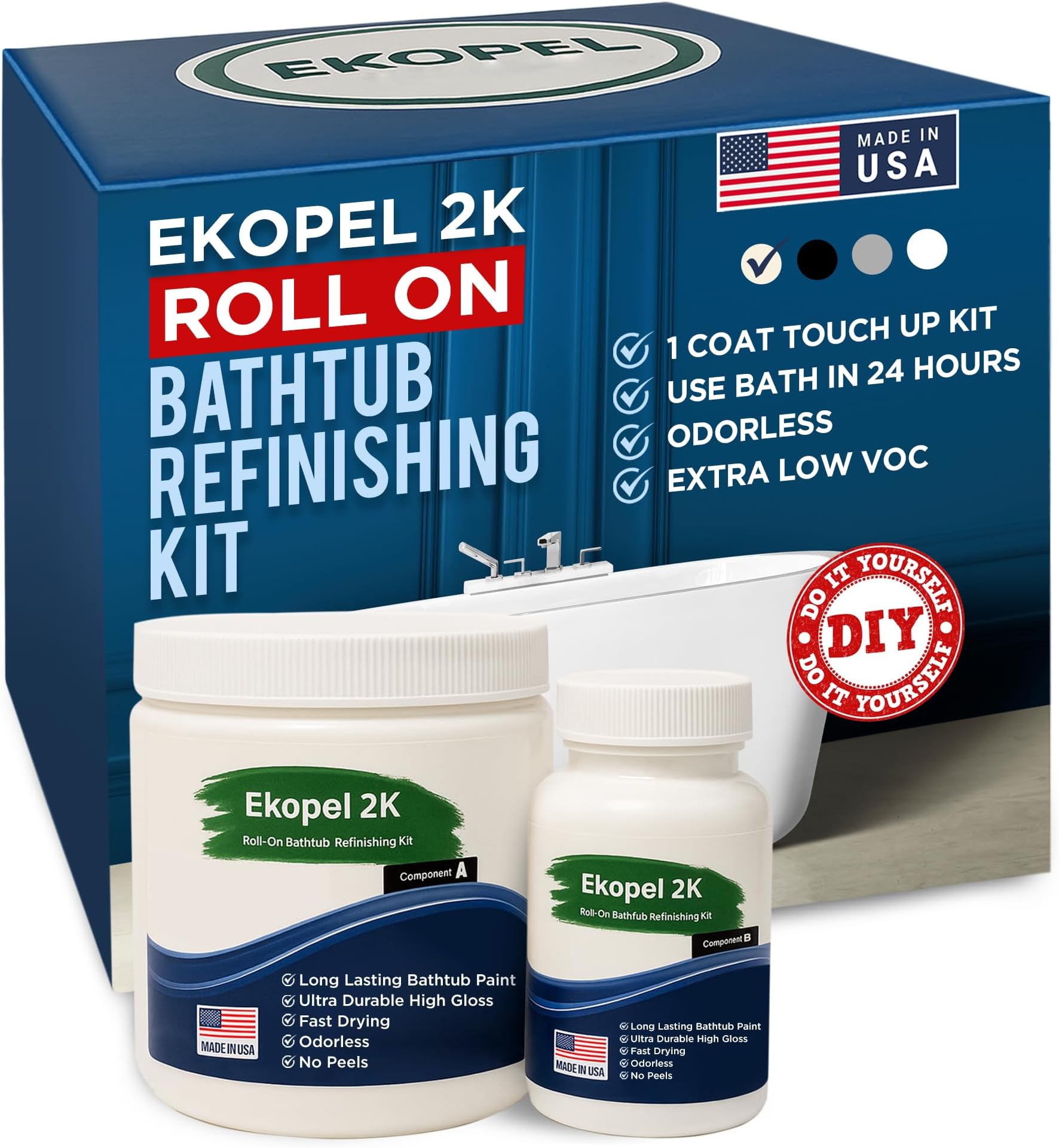 Ekopel Roll On Bathtub Refinishing Kit - Odorless Ultra Durable Biscuit Gloss - Never Peel Technology - Made in The USA - Biscuit One Coat/Touch up