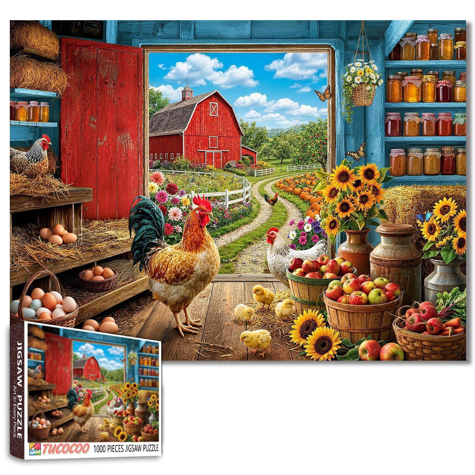 Cottagecore Chicken Jigsaw Puzzles for Adults 1000 Pieces Rustic Farmhouse Country Life for Family Games Red Barn Farm Animals Puzzles Home Wall Decor 19.7 x 27.6 Inch