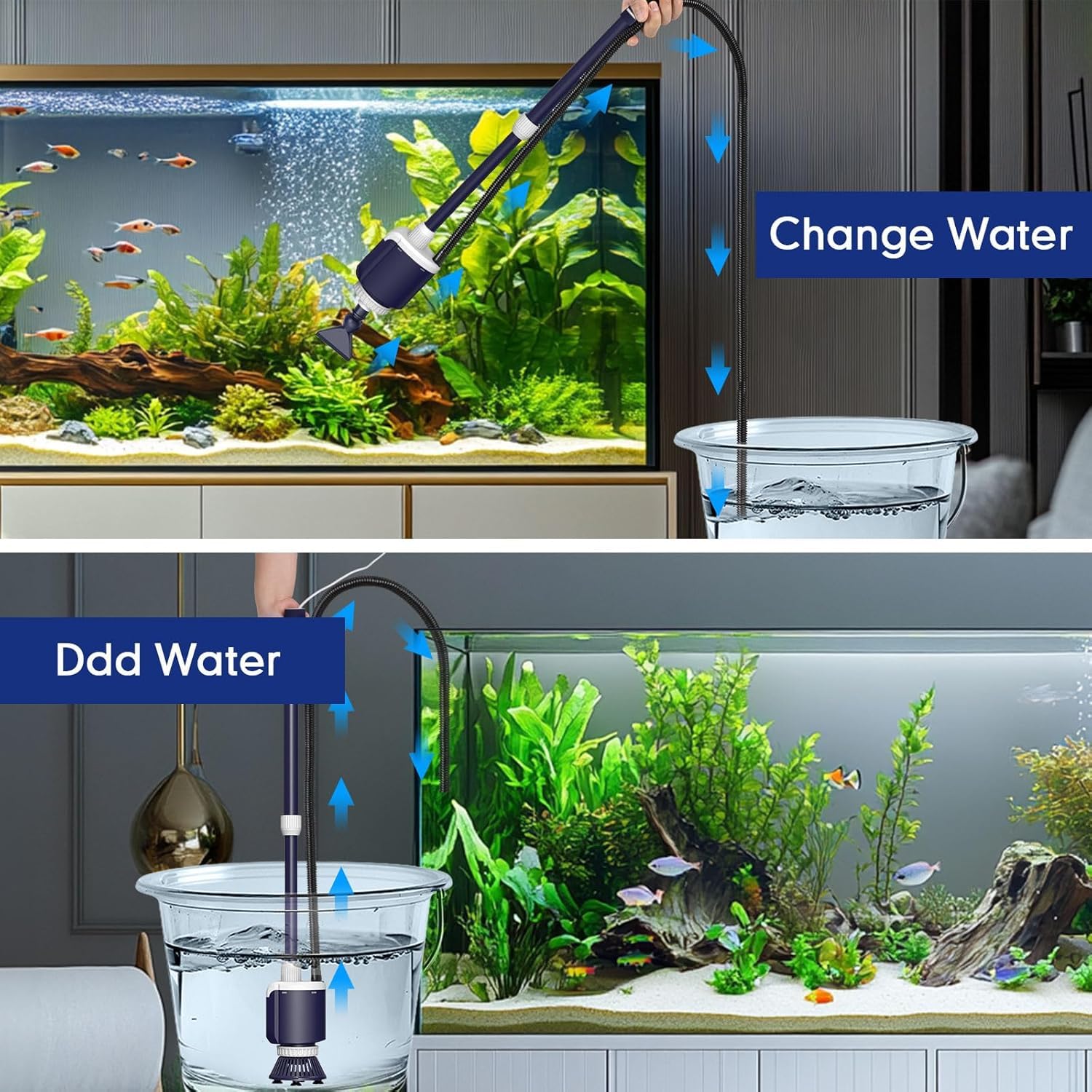AQQA Limpiador de peceras, DC 2300L/h, flujo de agua ajustable, limpiador eléctrico de grava para peceras, limpiador de grava de acuario de 34 W con triple filtración para cambio de agua, arena y