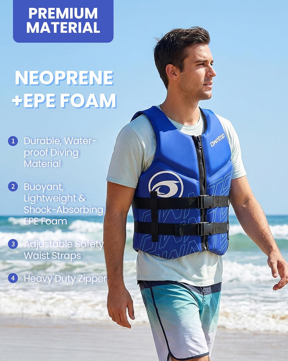 Owntop Swim Vest Adult Water Sport Vest Neoprene Floaties for Swimming, Boating, Kayaking, Fishing | Adjustable Zipper Dual Buckle Foldable Buoyancy Jacket