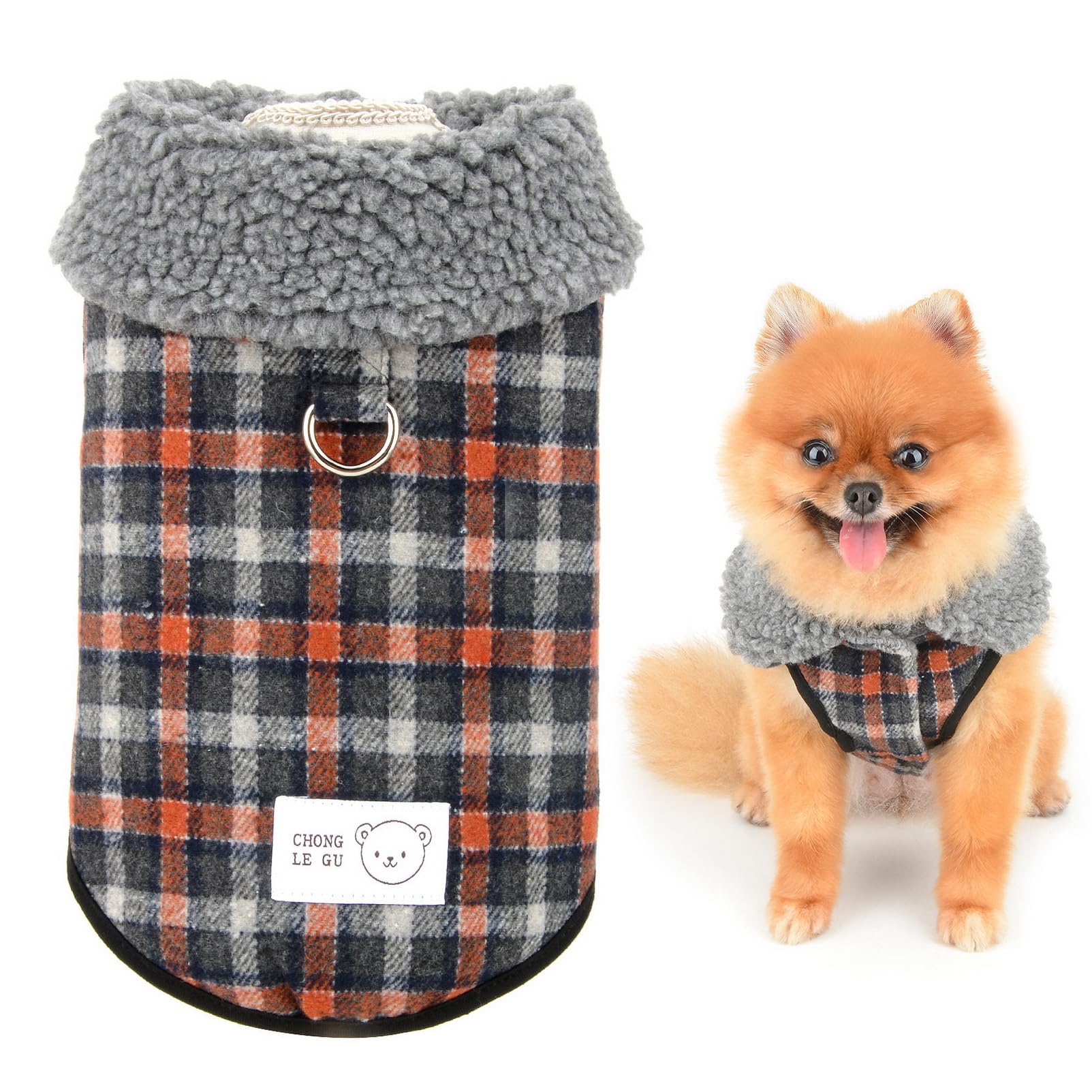 SMALLLEE_LUCKY_STORE Fleece Lined Dog Coat for Small Dog, Plaid Pet Vest with Leash Ring and Fuzzy Collar, Cold Weather Jacket Winter Fall Sweater Chihuahua Yorkie Cat Clothes, Grey, XS