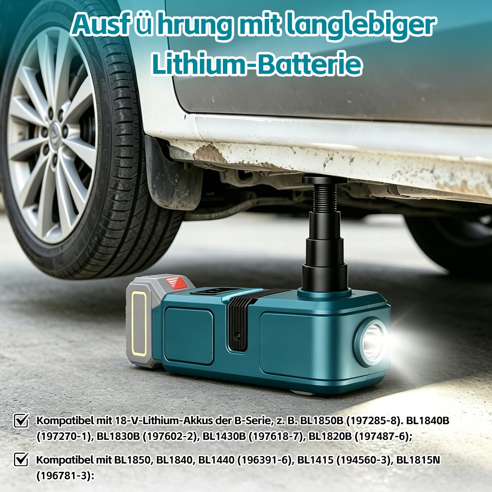 Elektrischer Wagenheber, 5T Akku Wagenheber Kompatibel mit Makita 18V-21V Kabelloses Tragbares Wagenheber mit Fernbedienung und LED-Beleuchtung für Auto SUV LKW, Hubhöhe 15,5–45 cm (Ohne Akku)