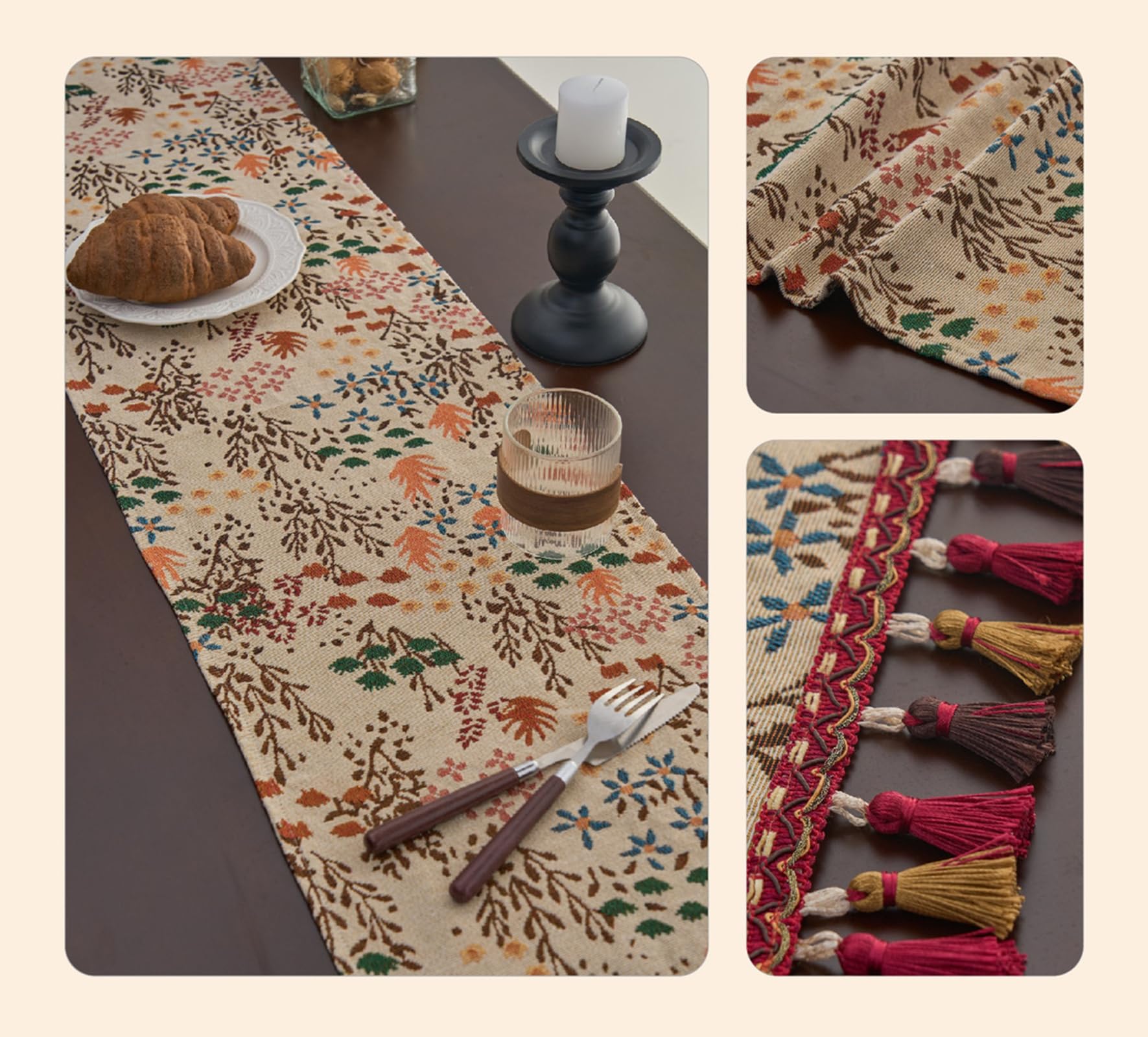 Runner da Tavolo Poliestere Cotone 33x275 cm, Runner da Tavola Moderno Lavabile Motivo Foglie e Alberi D'Acero Jacquard con Nappe per Cucina, Sala da Pranzo, Multicolore