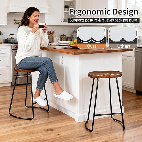 Miniatura 5 de HeuGah Juego de 3 Taburetes de Bar, Taburetes de Bar de Madera Maciza de Altura de Mostrador de 30 Pulgadas con Asiento de Montura, Taburete Alto