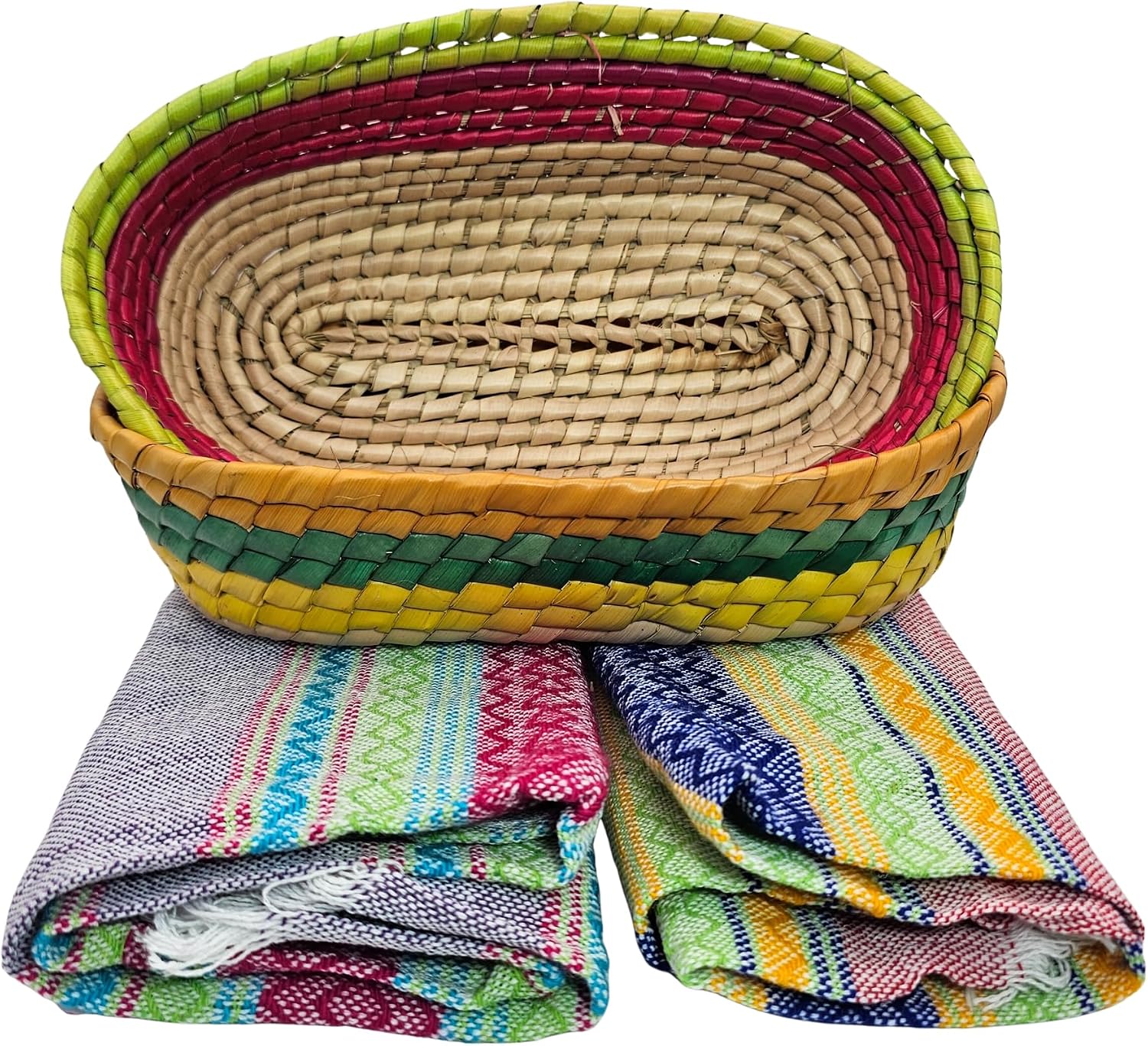 Jacq & Jürgen - Set of 2 Oval Handwoven Multicolor Palm-Leaf Baskets with 2 Cotton Tortilla Napkins (23" x 19") - Mexican Bread & Tortilla Serving for Kitchen & Dining - Made in Mexico (Multicolor)